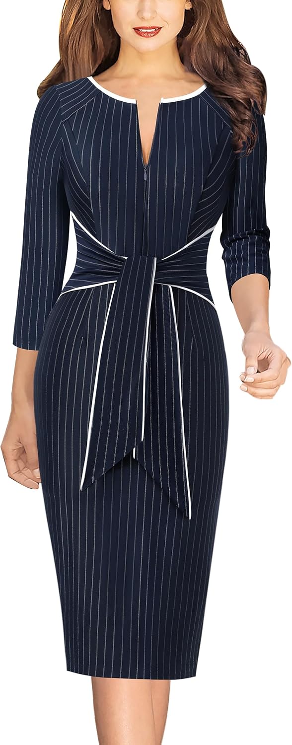 VFSHOW Womens Front Zipper Tie Waist Bow Bodycon Dress Review