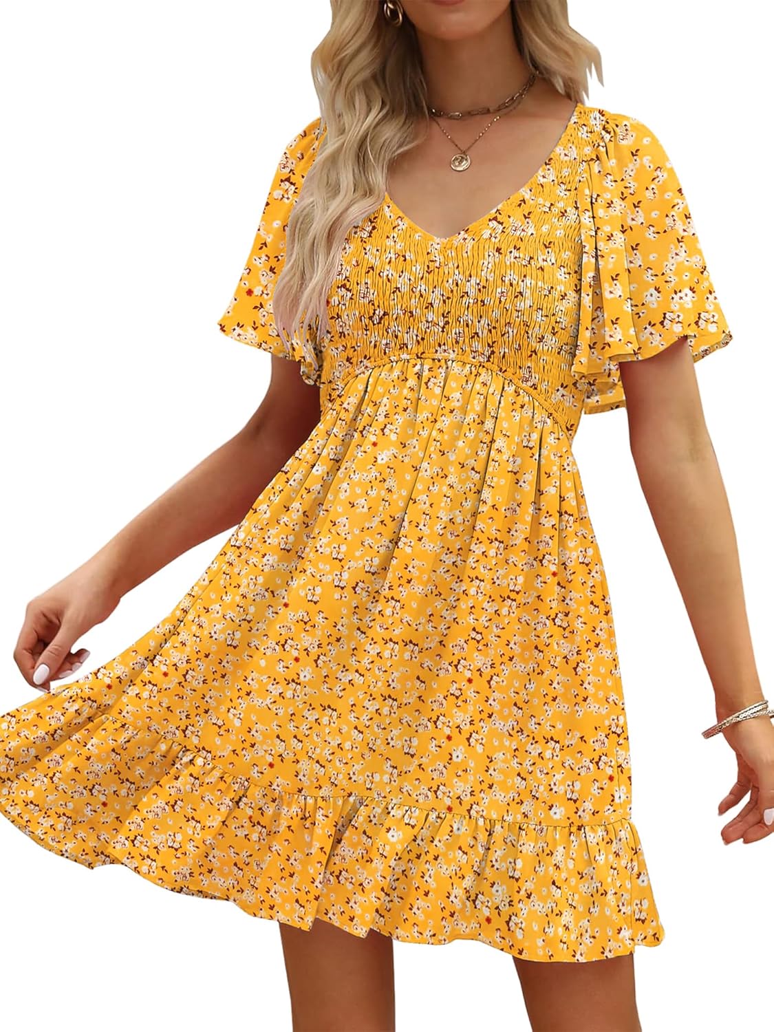 Womens Cute Floral Smocked V Neck Flutter Sleeve Sundress