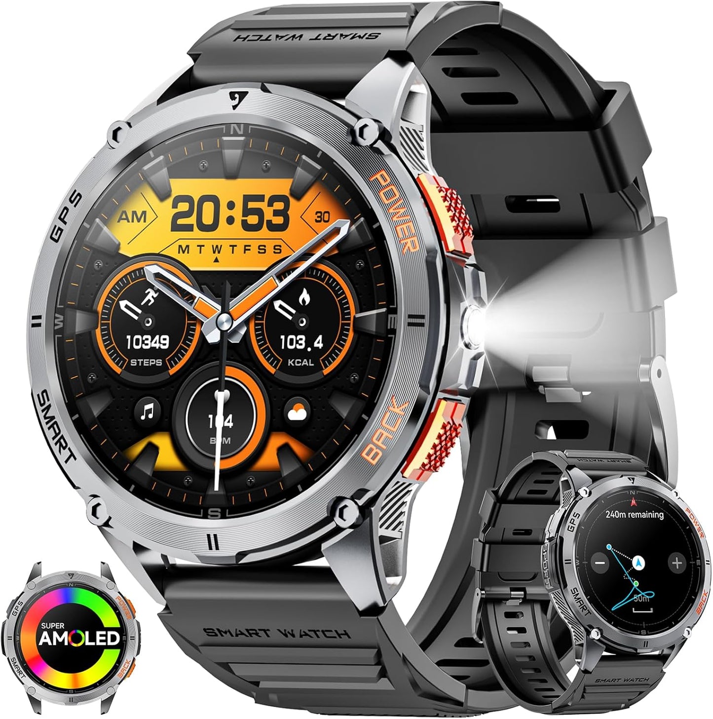 Rugged Military Smartwatch with GPS & LED Flashlight