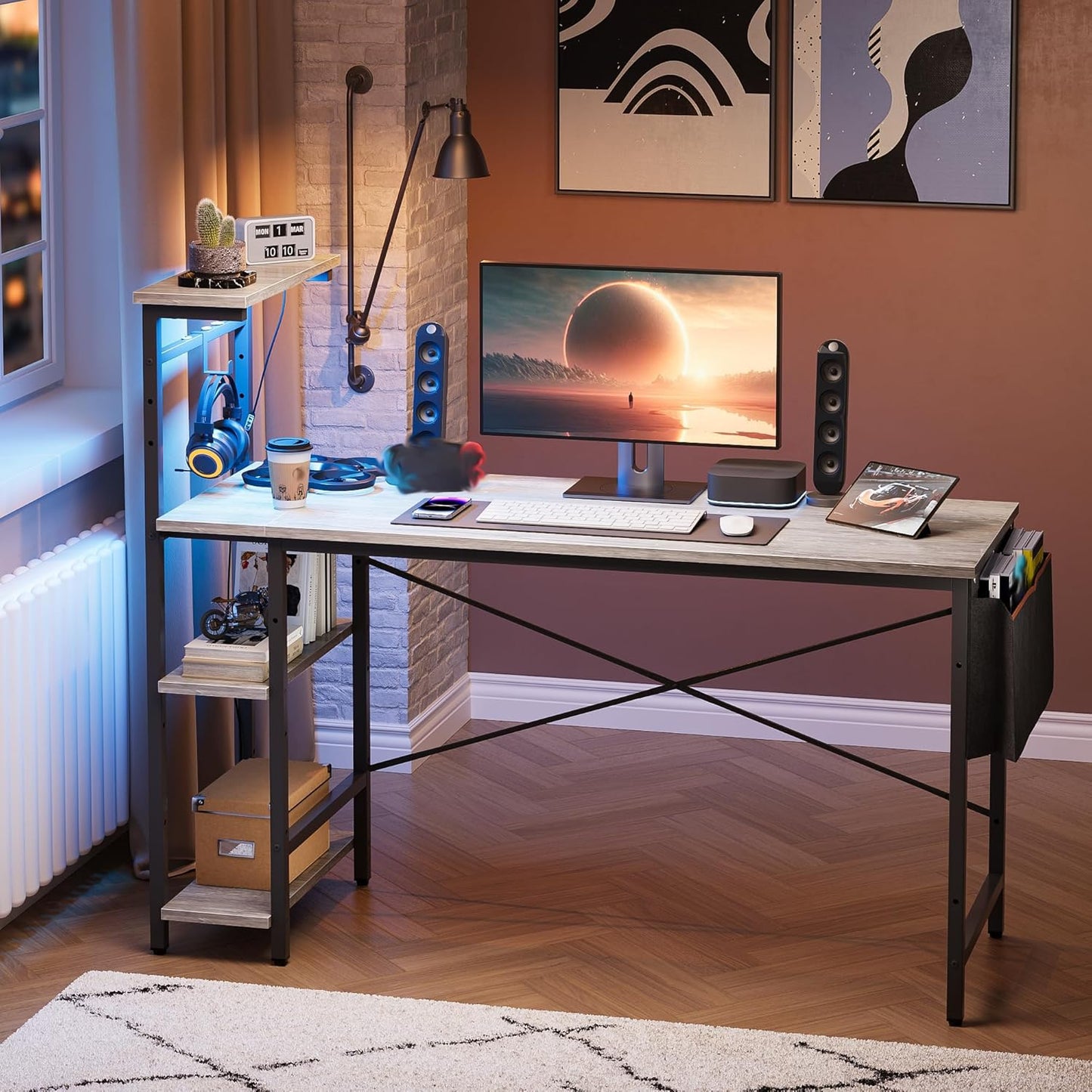Bestier Gaming Desk with LED Lights and Reversible Shelves