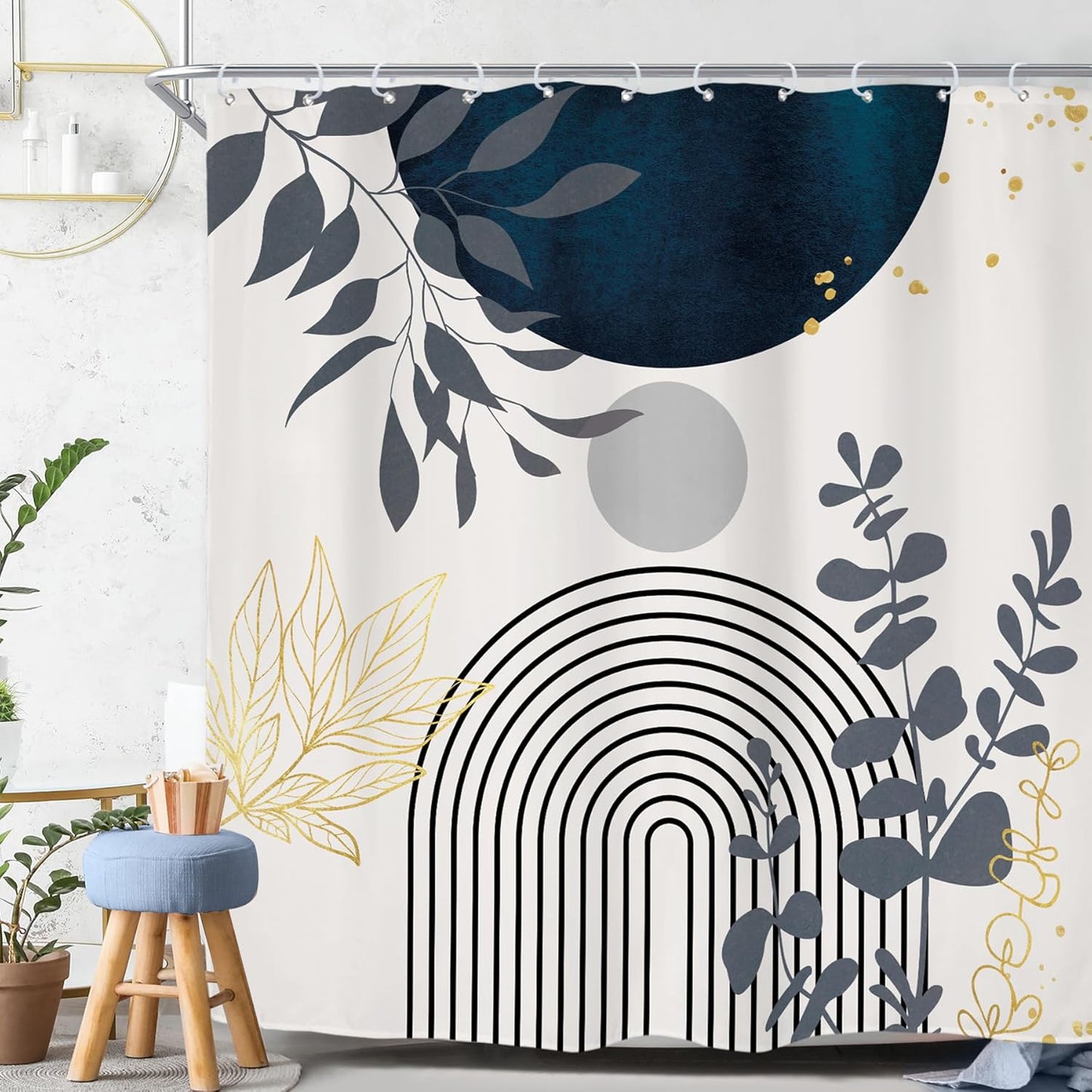 Modern Navy Shower Curtain Set with Gold Leaves