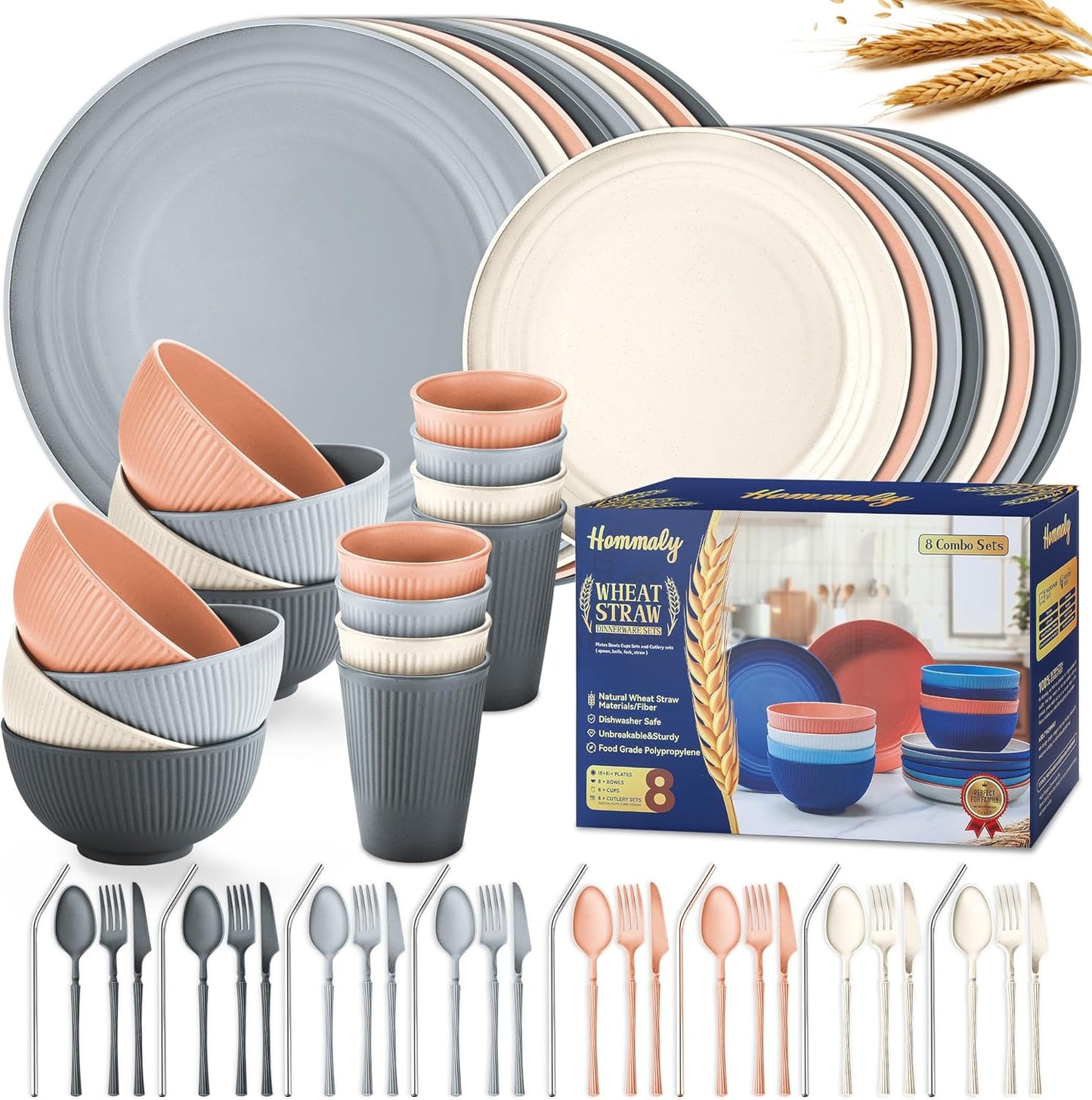 Hommaly Wheat Straw Dinnerware Set - 64-Piece Unbreakable Set