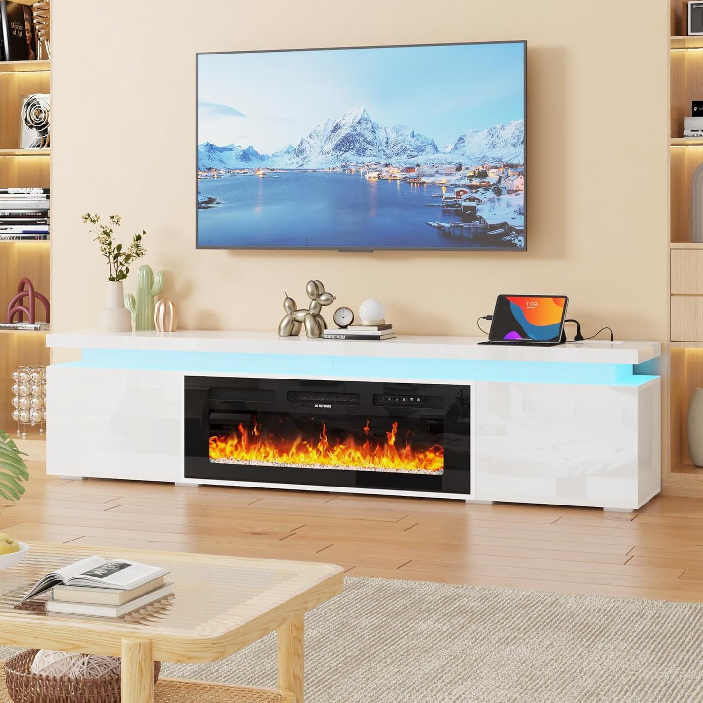 Modern White TV Stand with Fireplace - 95In TV