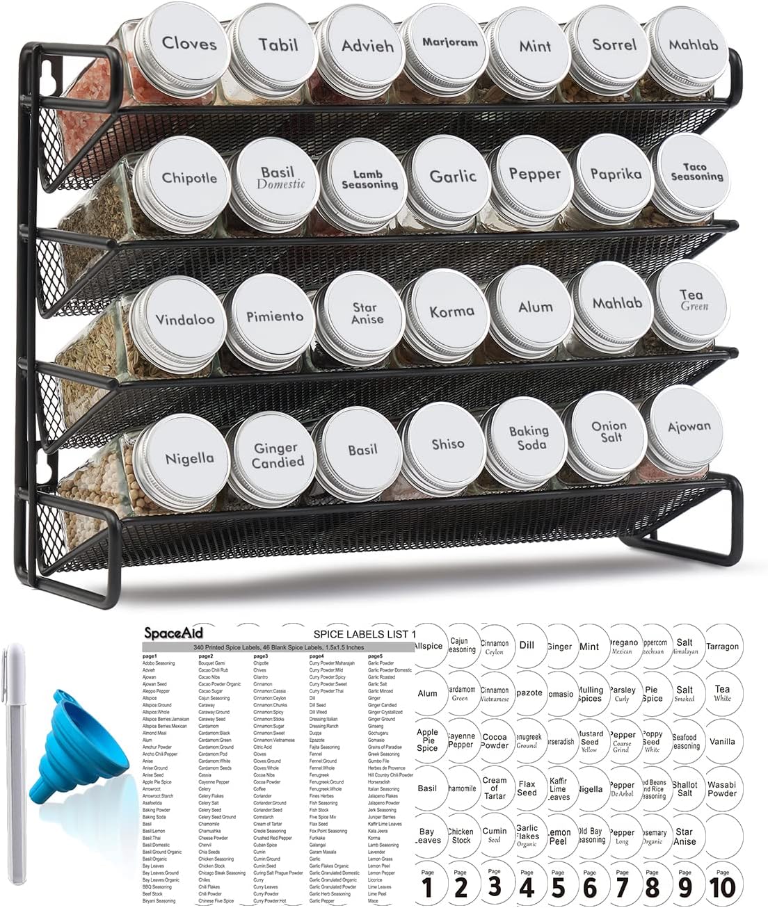 SpaceAid Spice Rack Organizer with 28 Jars and Labels Set