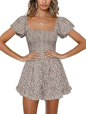 Jeanewpole1 Womens Floral Square Neck Smocked Romper for Summer
