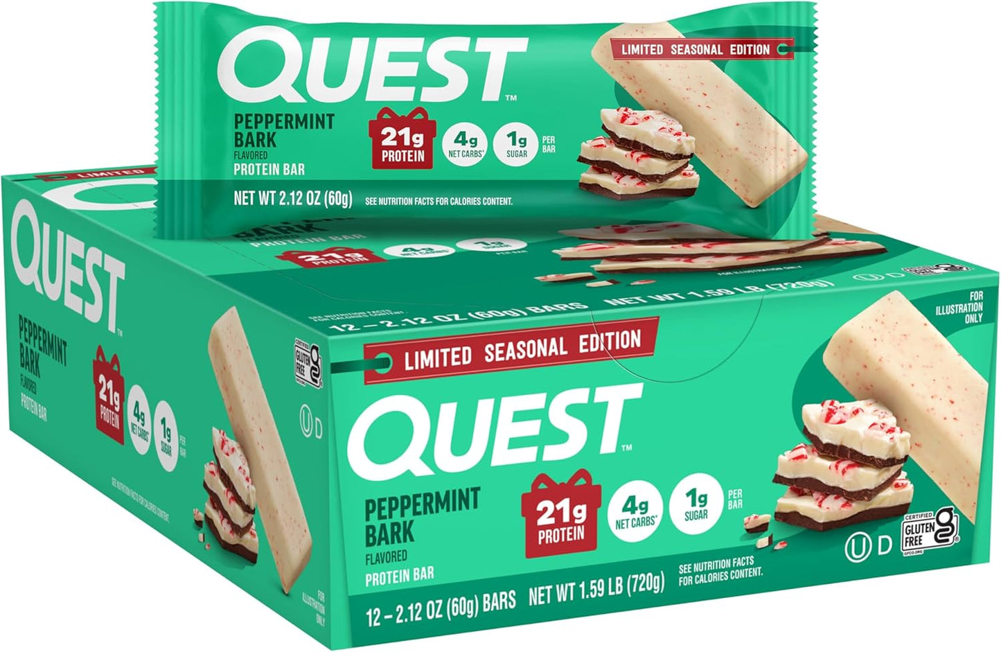 Quest Nutrition Peppermint Bark Protein Bar - 21g Protein, 4g Net Carb