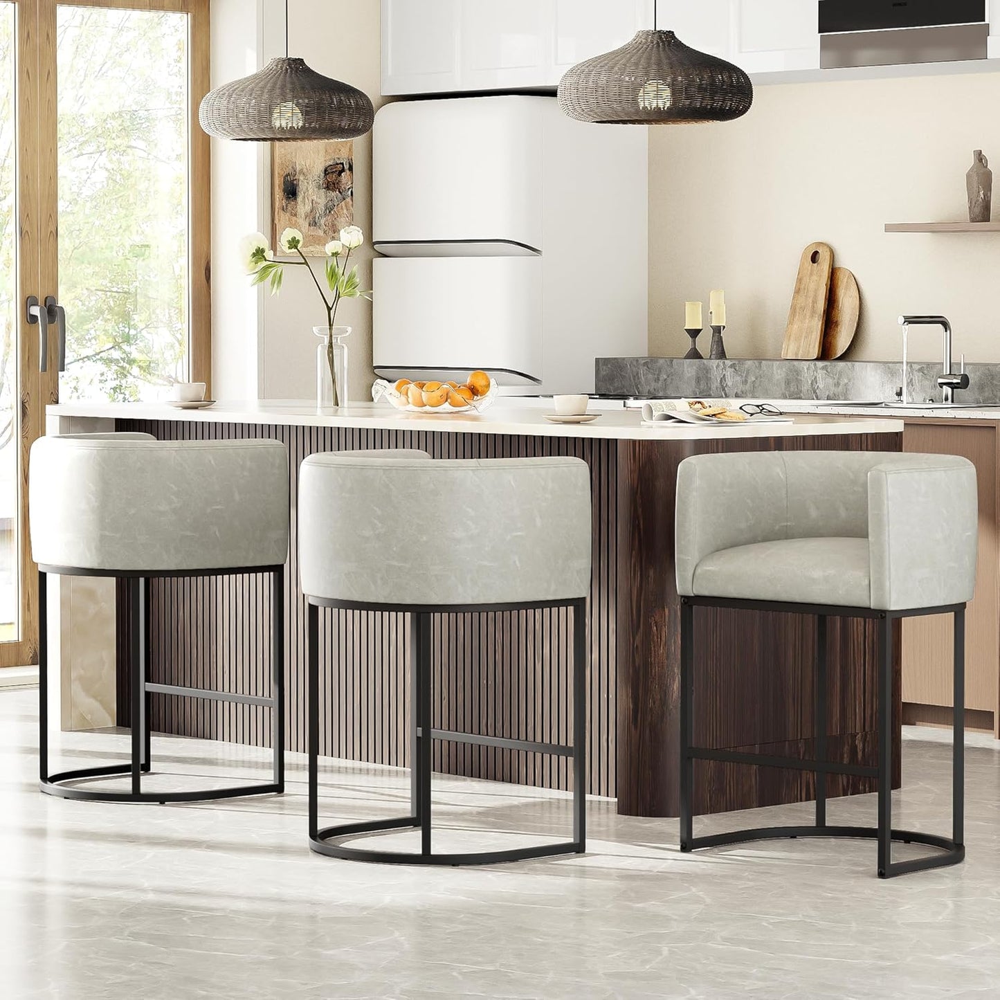 Modern Barrel Counter Height Bar Stools Set of 3 for Kitchen