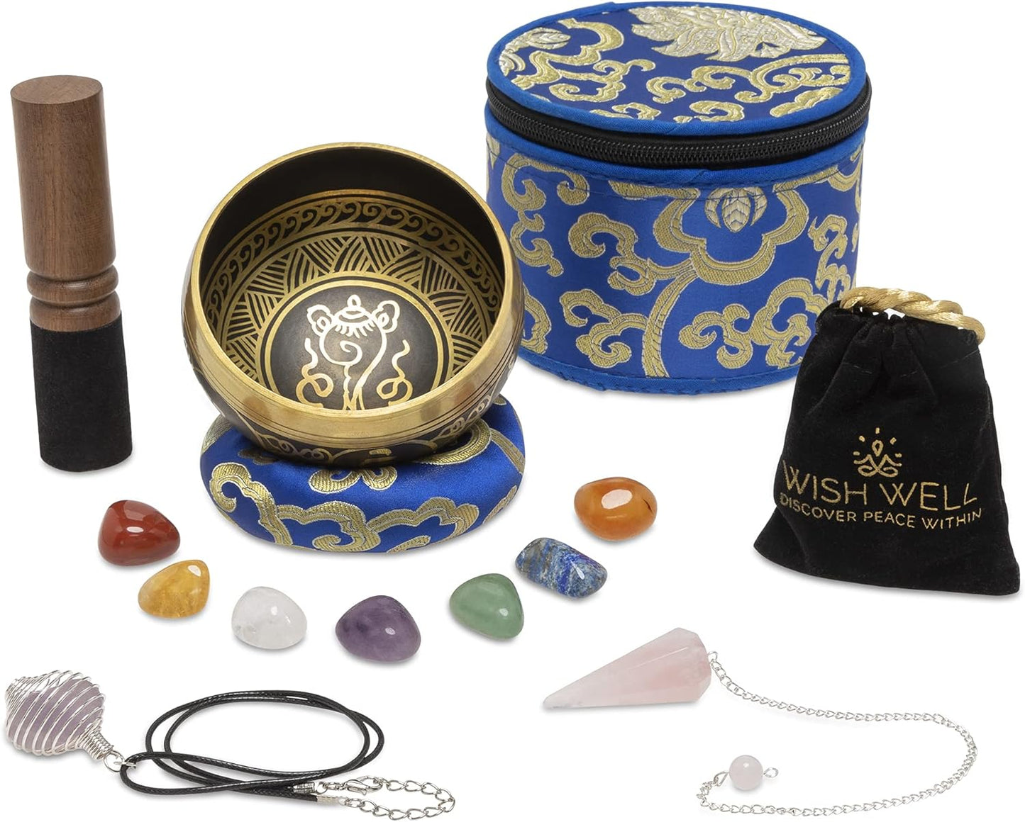 Tibetan Singing Bowl Set with Chakra Stones for Meditation