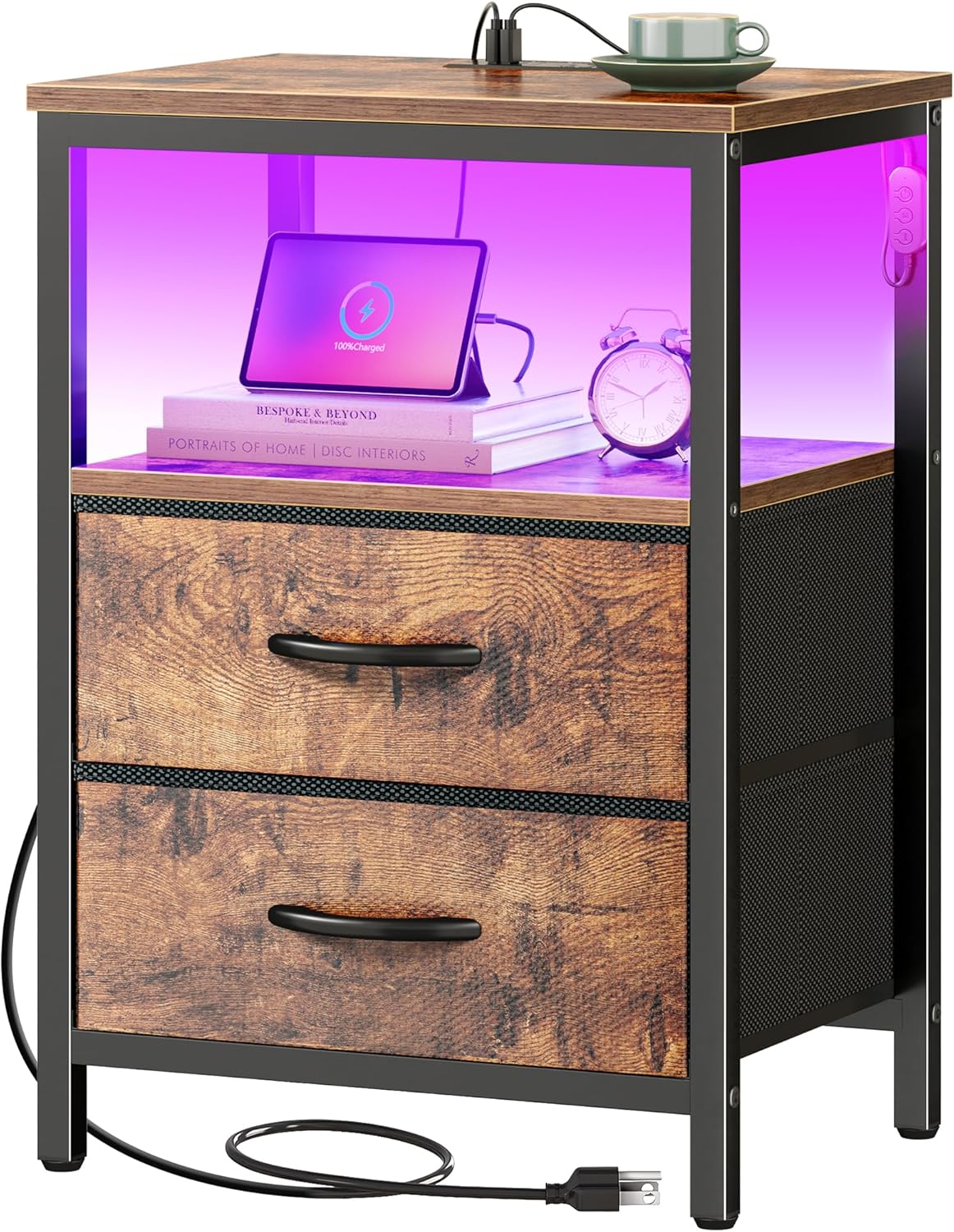 Huuger Night Stand with Charger Station and LED Lights for Bedroom