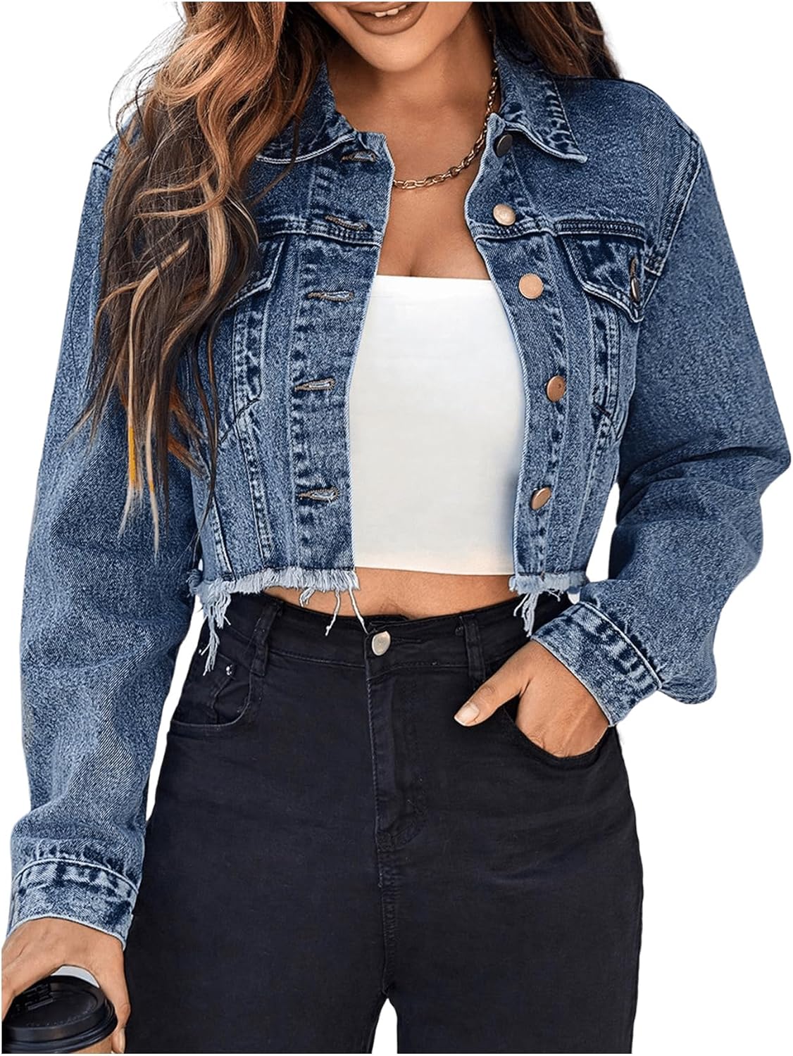 Cropped Denim Jean Jacket for Women with Raw Hem and Pockets