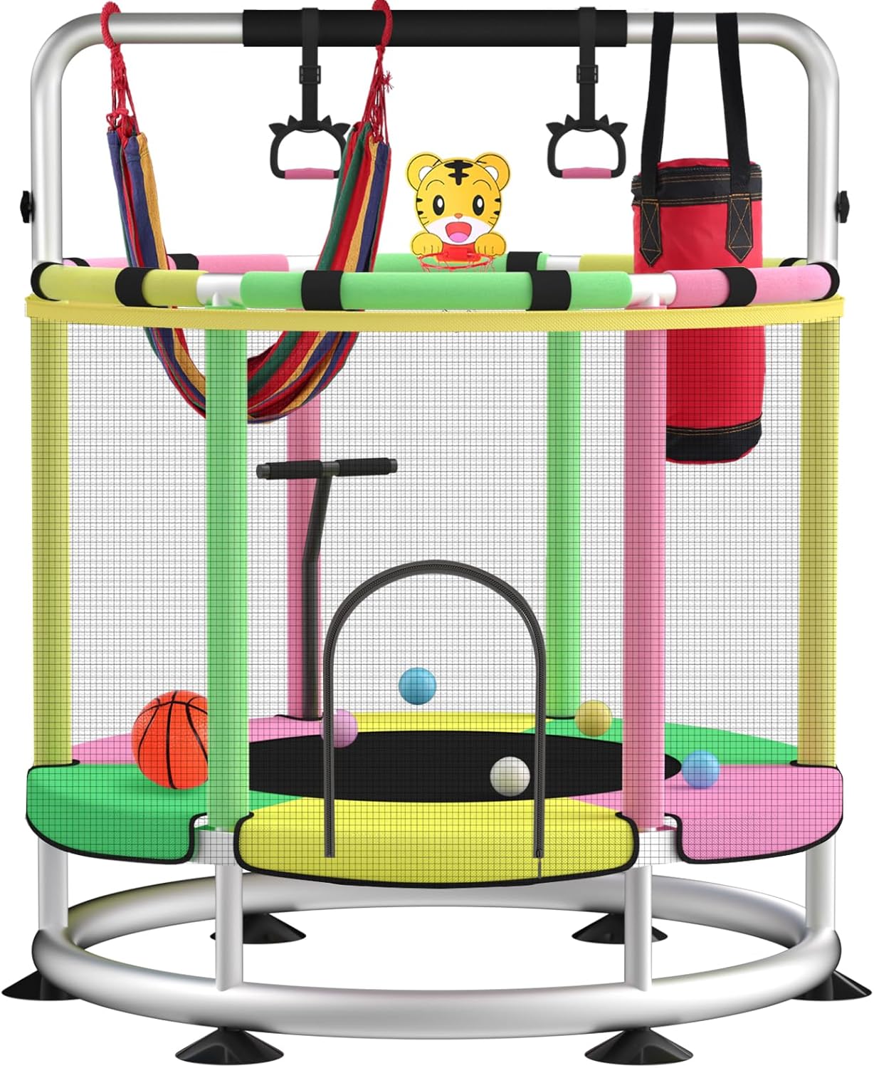Trampoline for Kids with Adjustable Height and Basketball Hoop