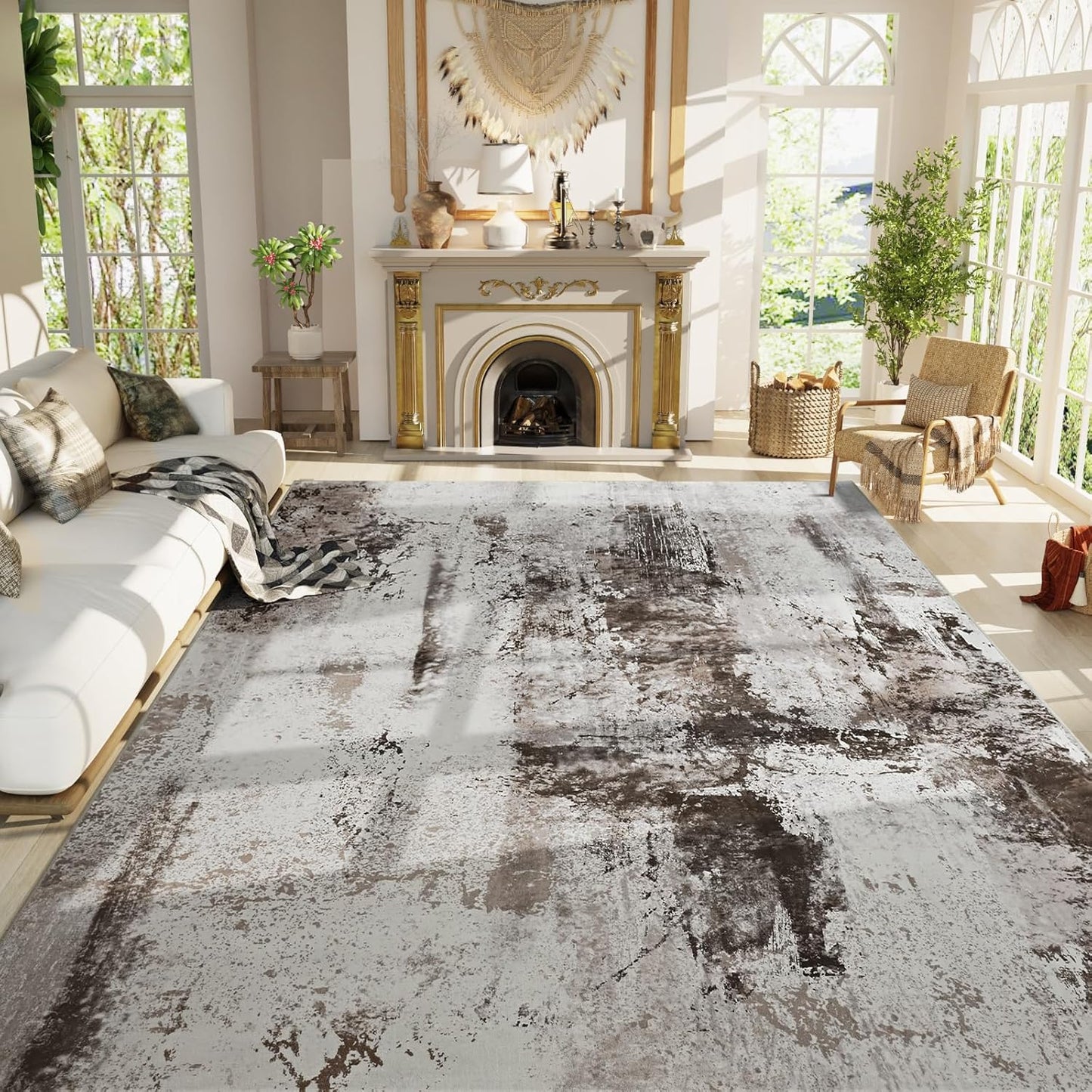 Living Room Rug 7x10 Machine Washable Abstract Boho Design