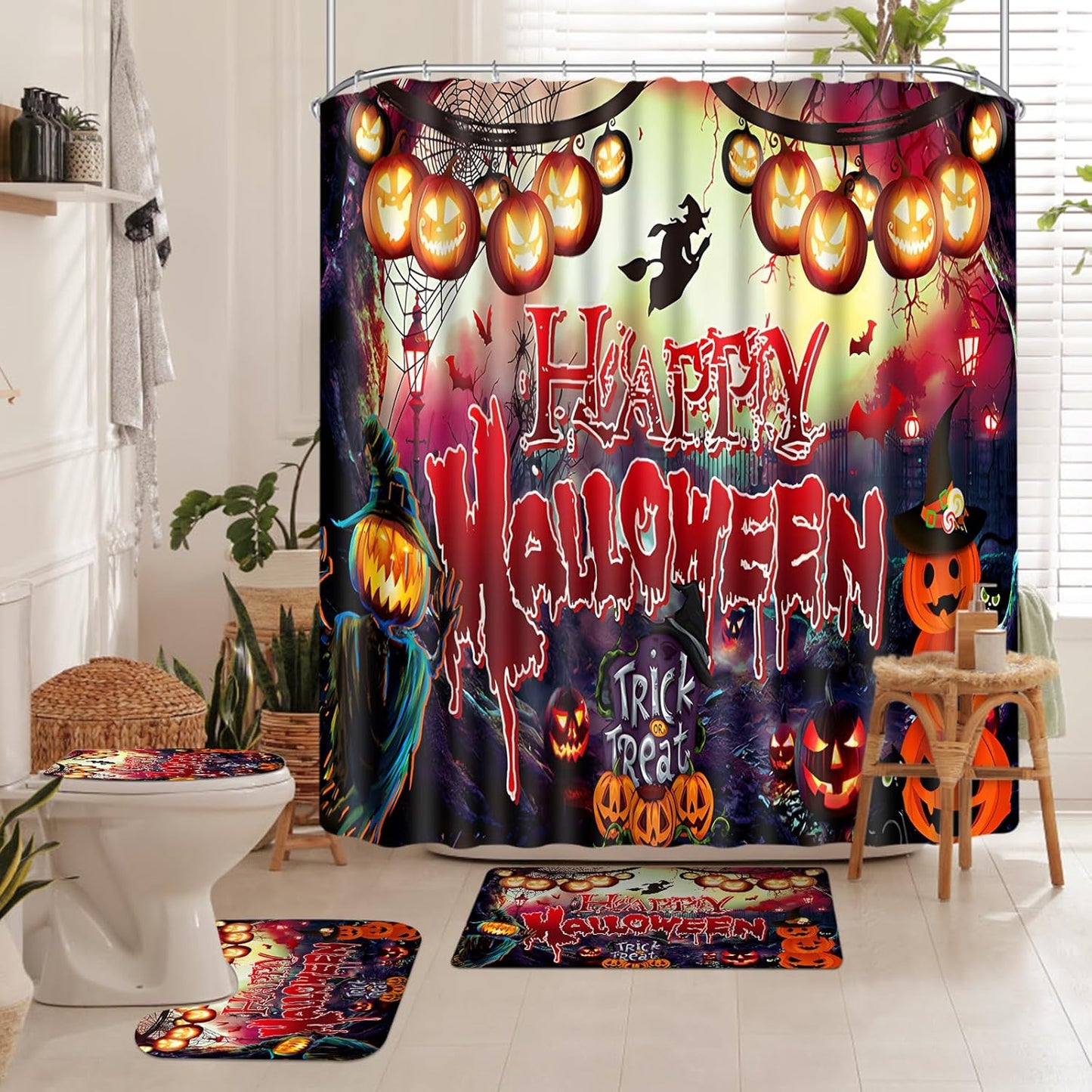 Halloween Shower Curtain Set - Scary Pumpkin 3D Print