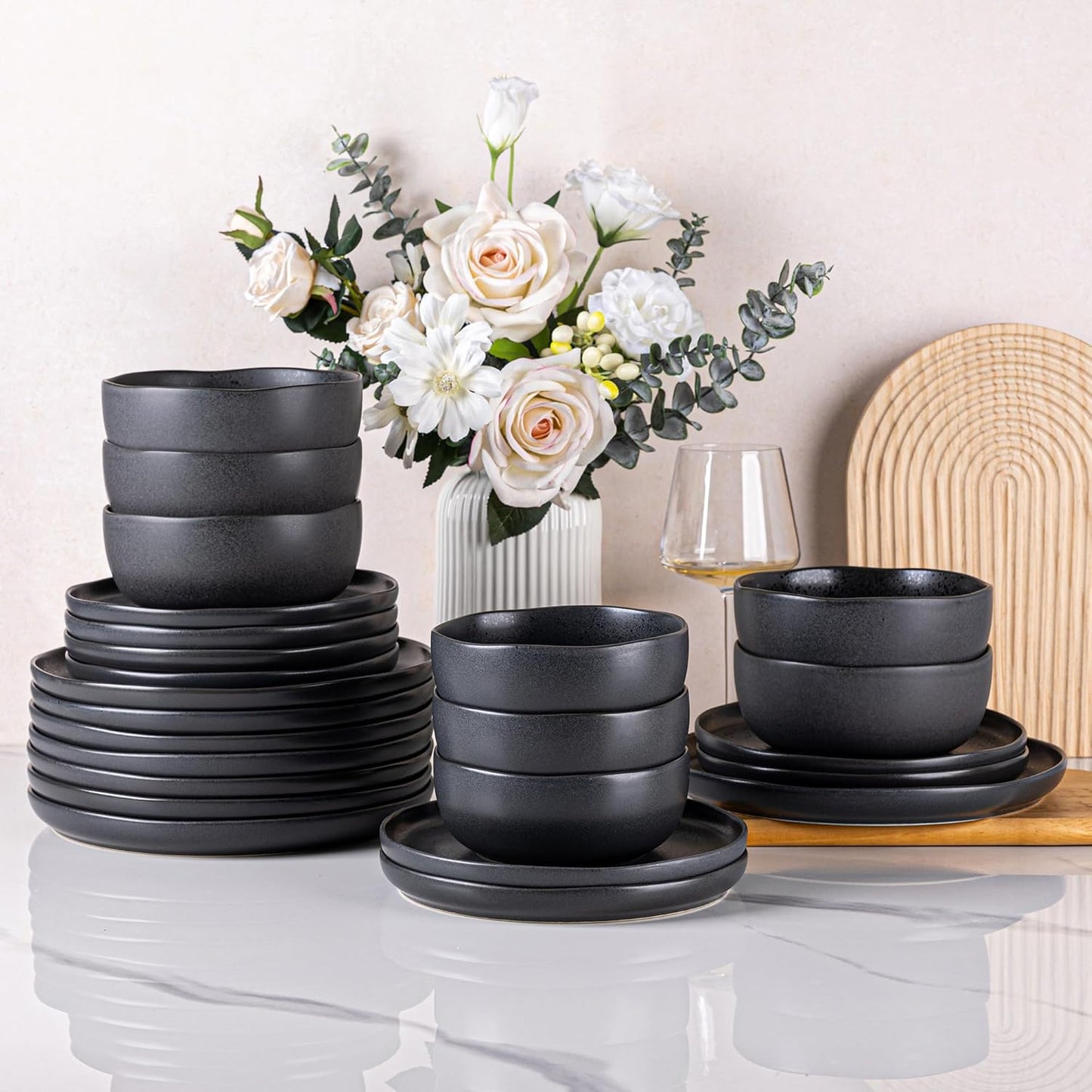 AmorArc Dinnerware Sets for 8 with Wavy Rim Plates and Bowls