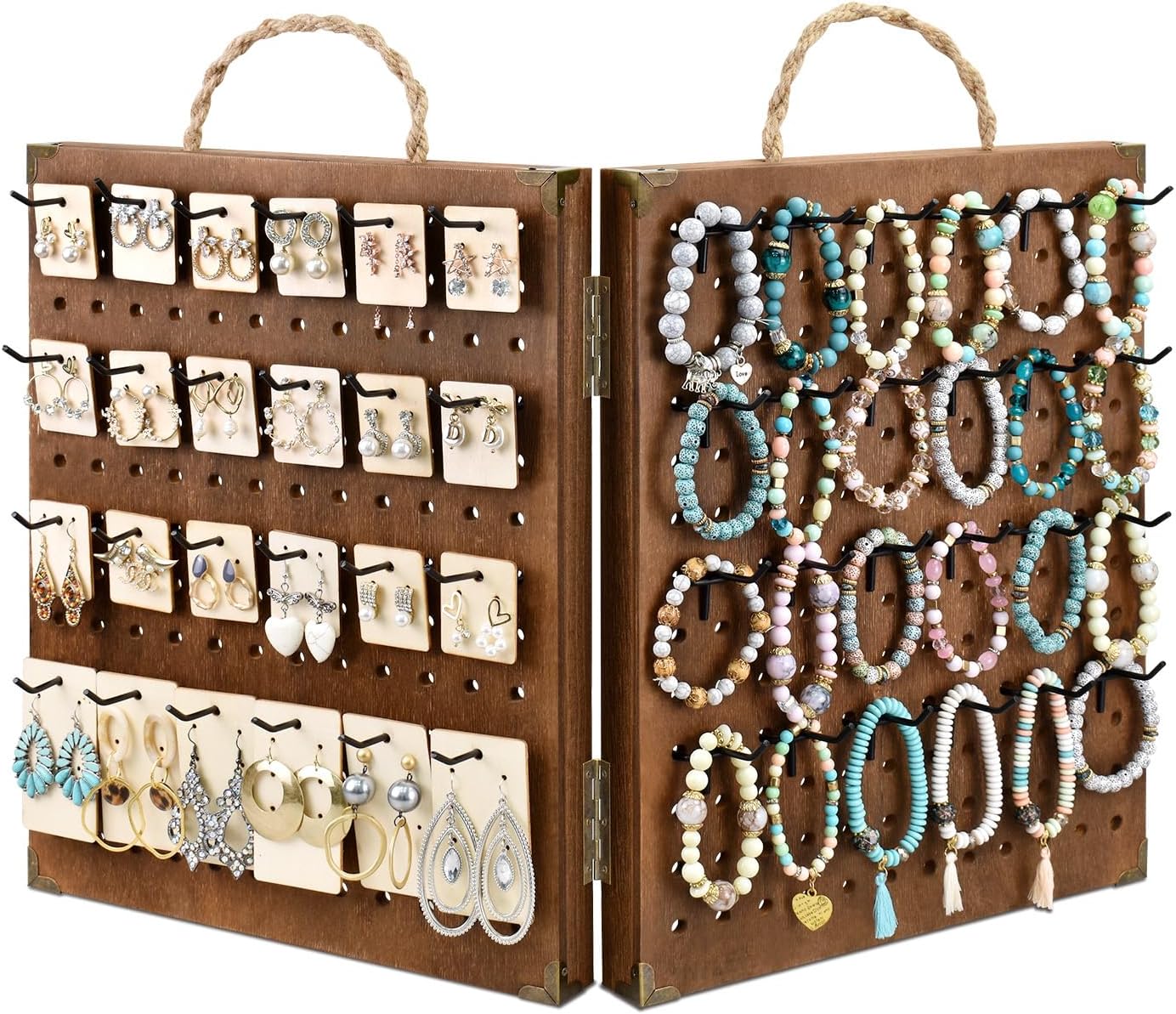 MOOCA Wooden Foldable Jewelry Display Organizer with Hooks
