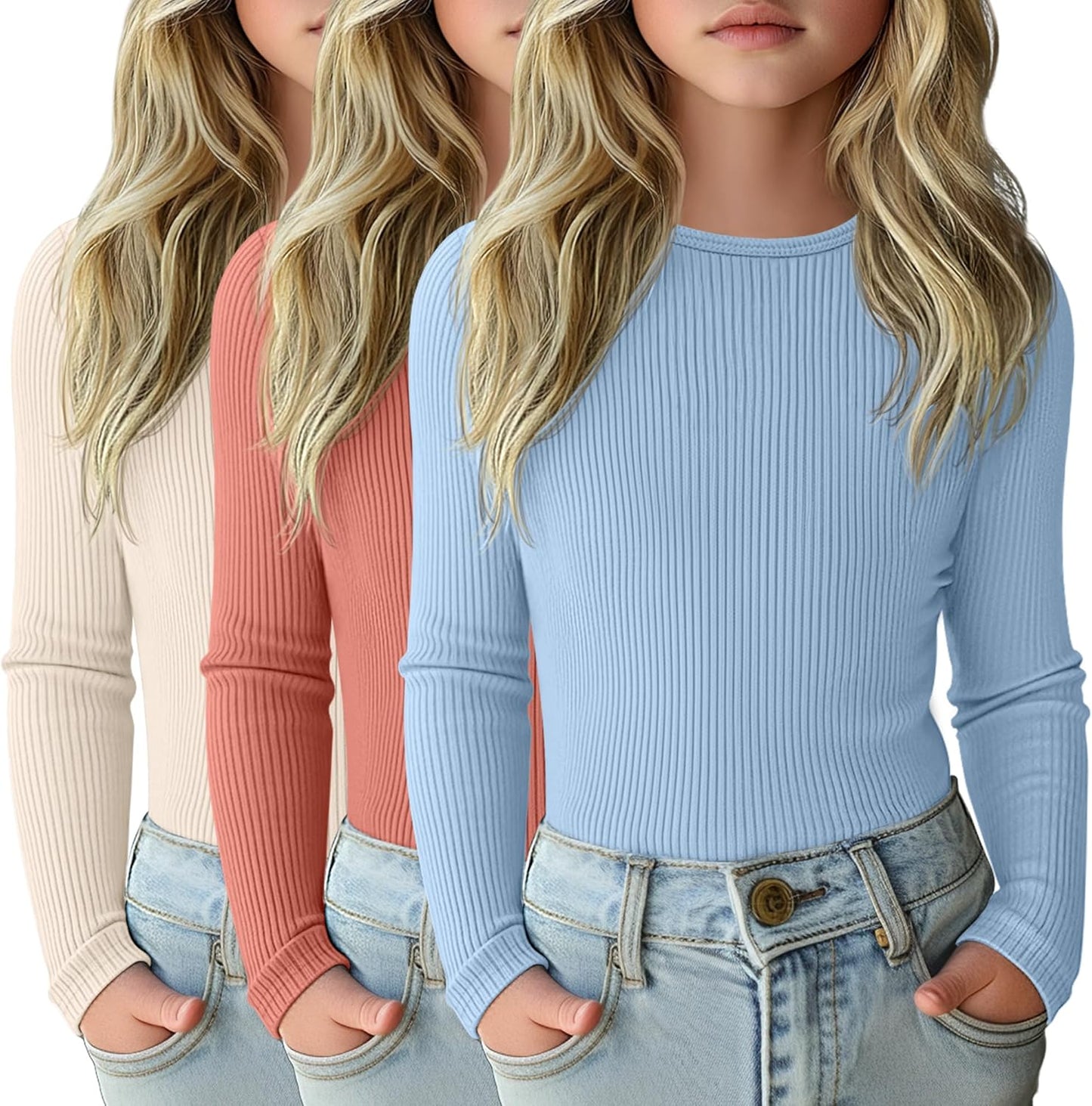 3 Pack Girls Long Sleeve Shirts for Casual Layering and Comfort
