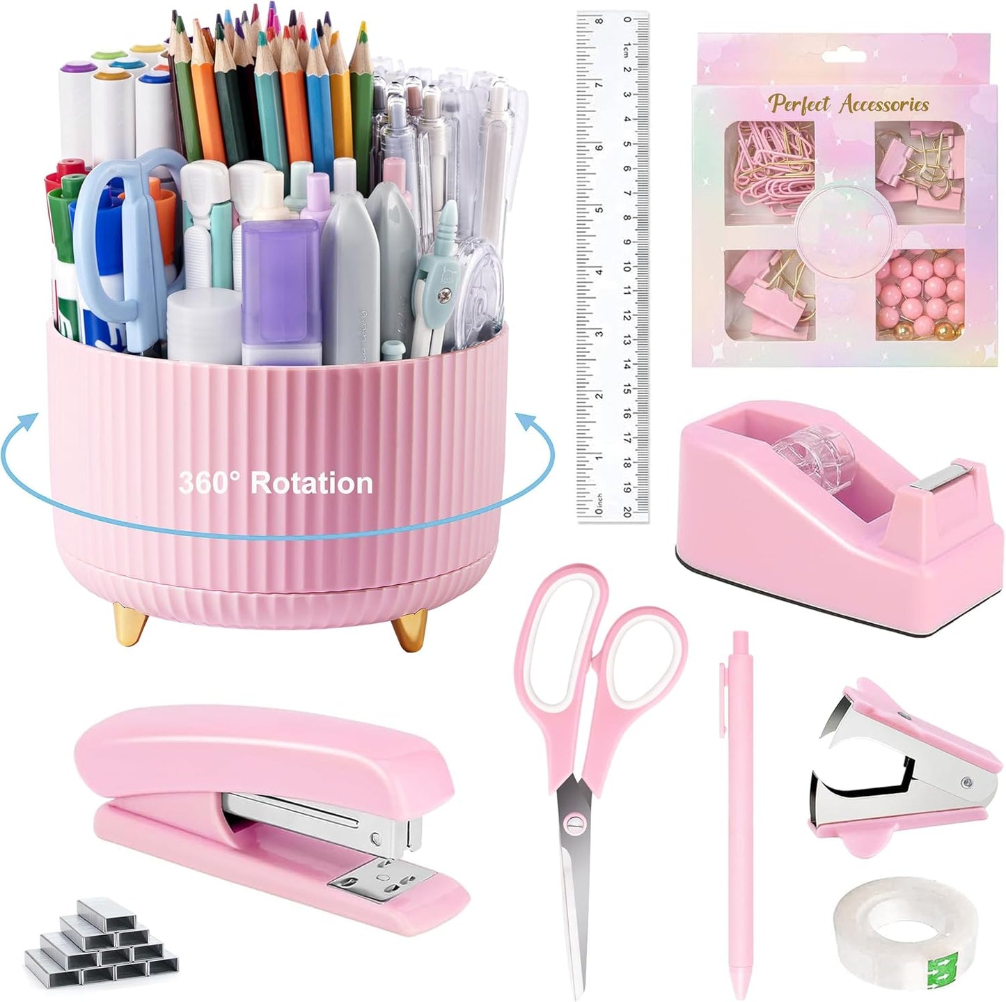 360-Pen Holder Desk Set: Pink Office Supplies