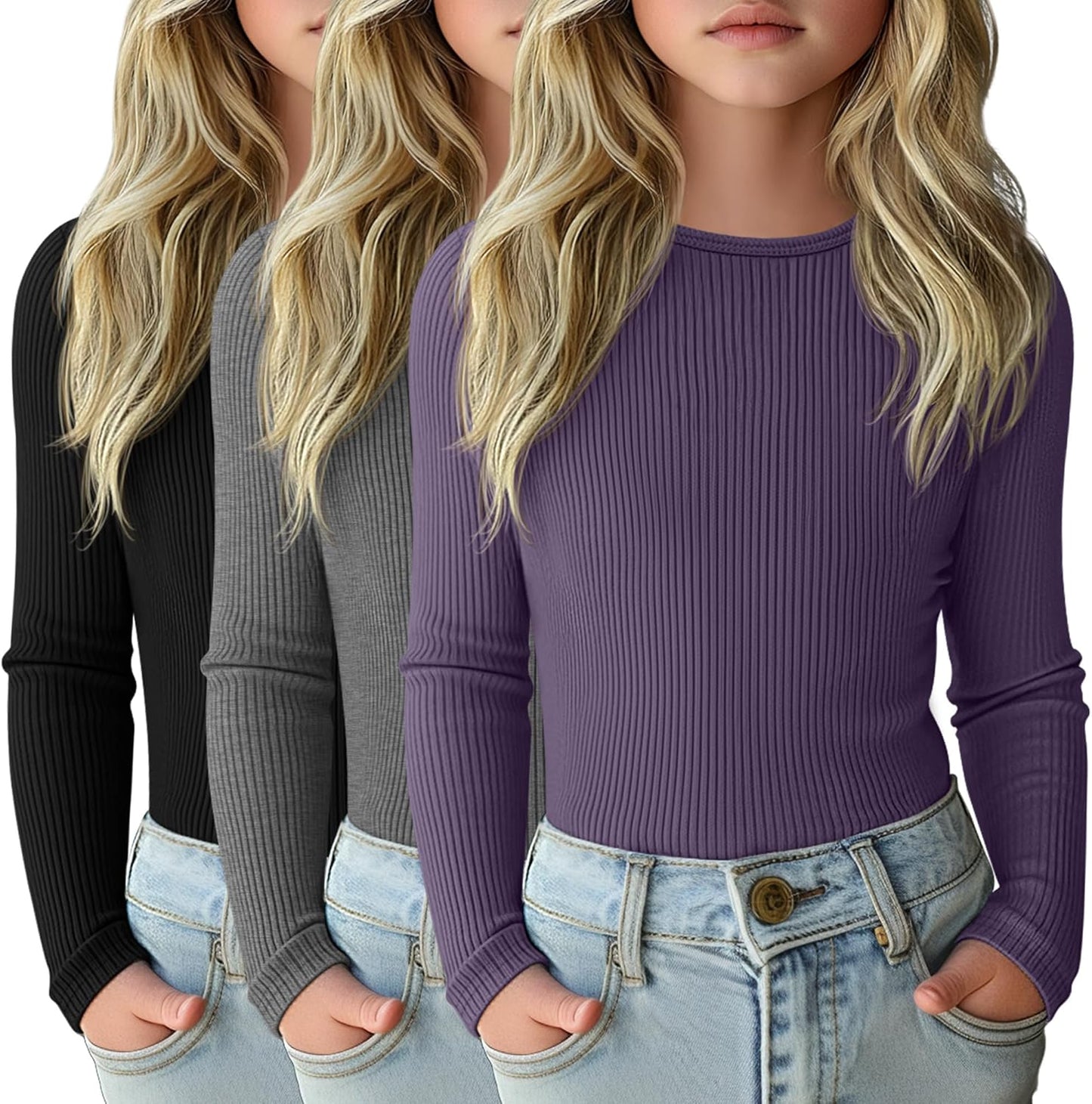 3 Pack Girls Long Sleeve Shirts for Casual Layering and Comfort