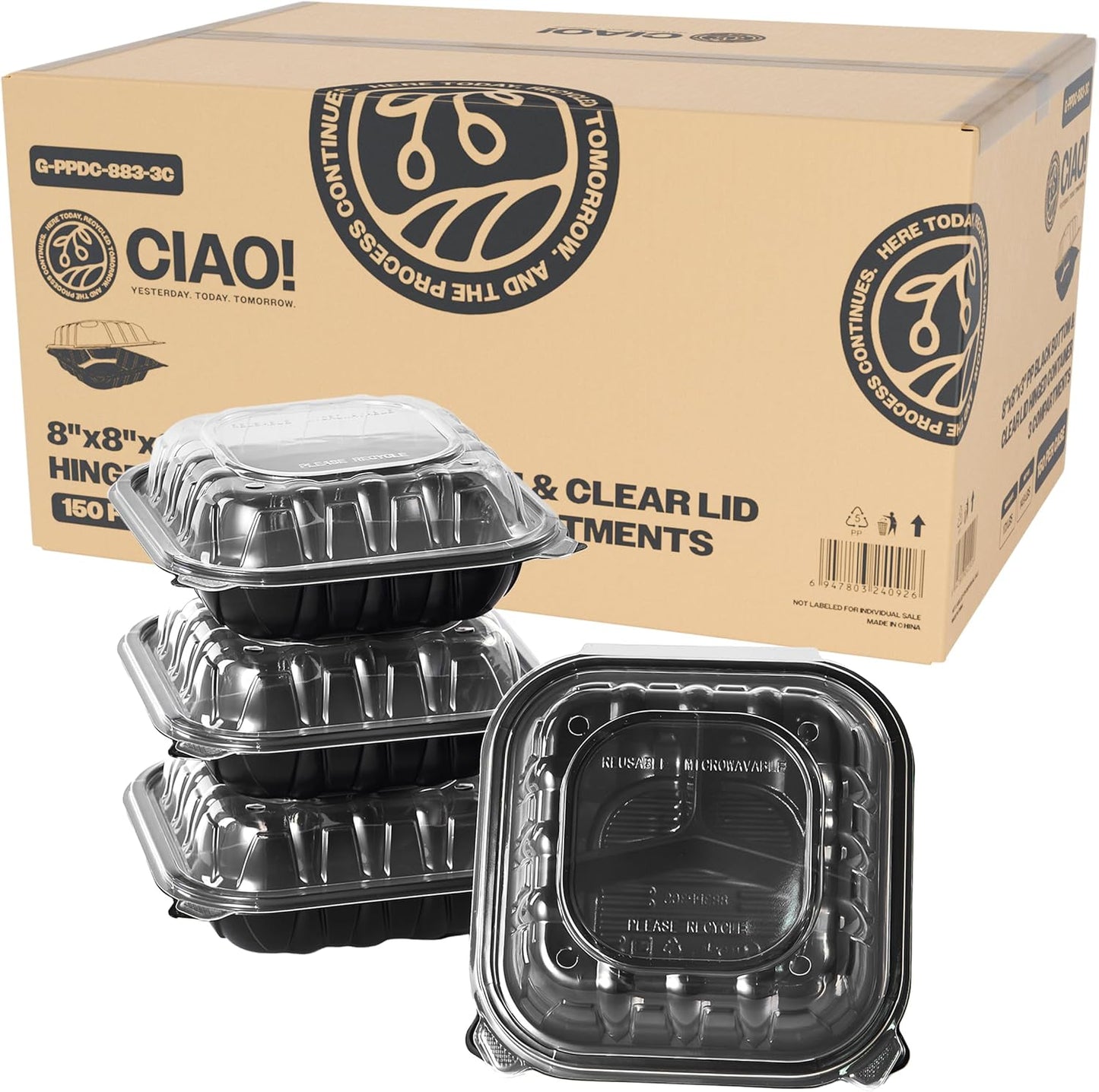 CIAO! 8x8x3 Polypropylene Black Bottom Clear Lid Container