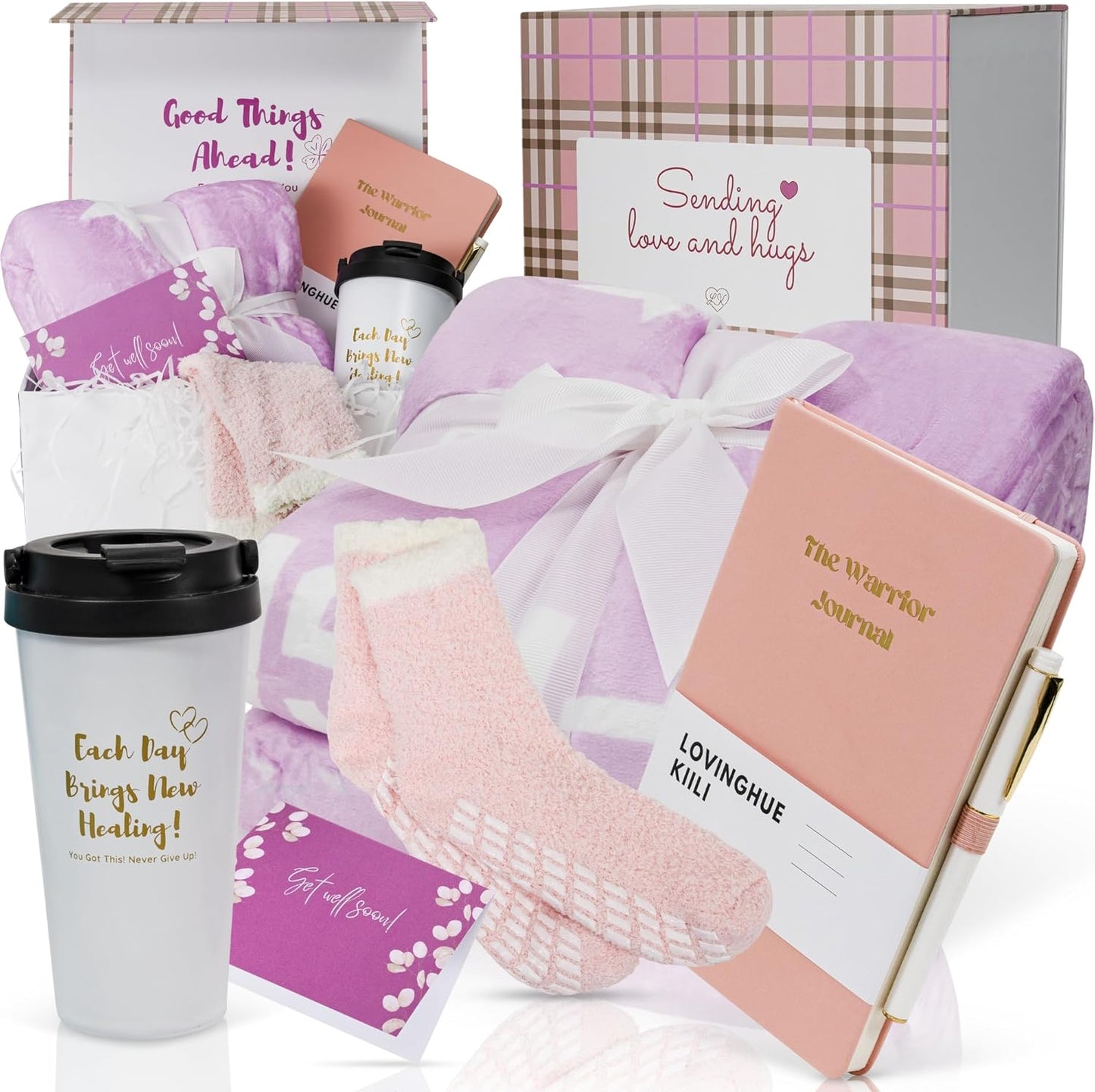 Chemo Care Package with Blanket, Socks, Journal, and Tumbler
