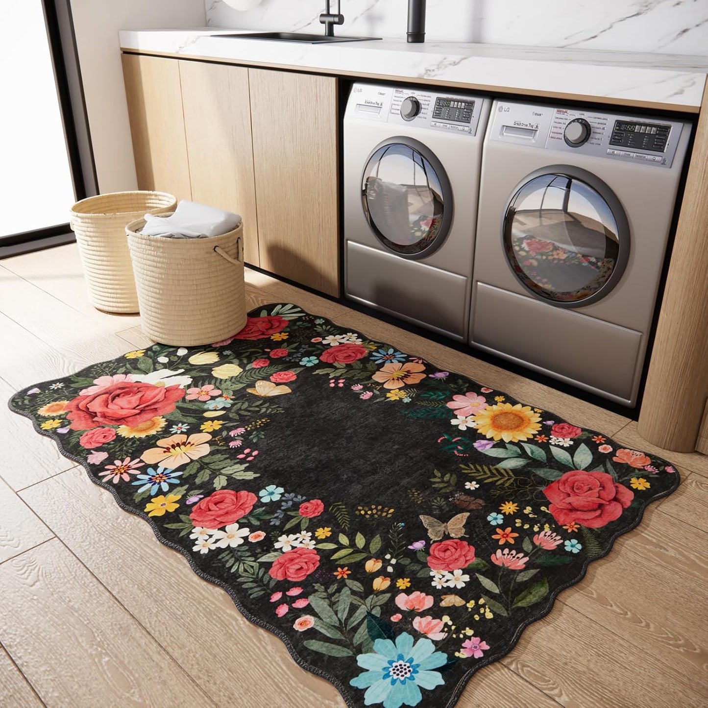 Floral Washable Area Rug 3ftx5ft Non Slip for Living Room