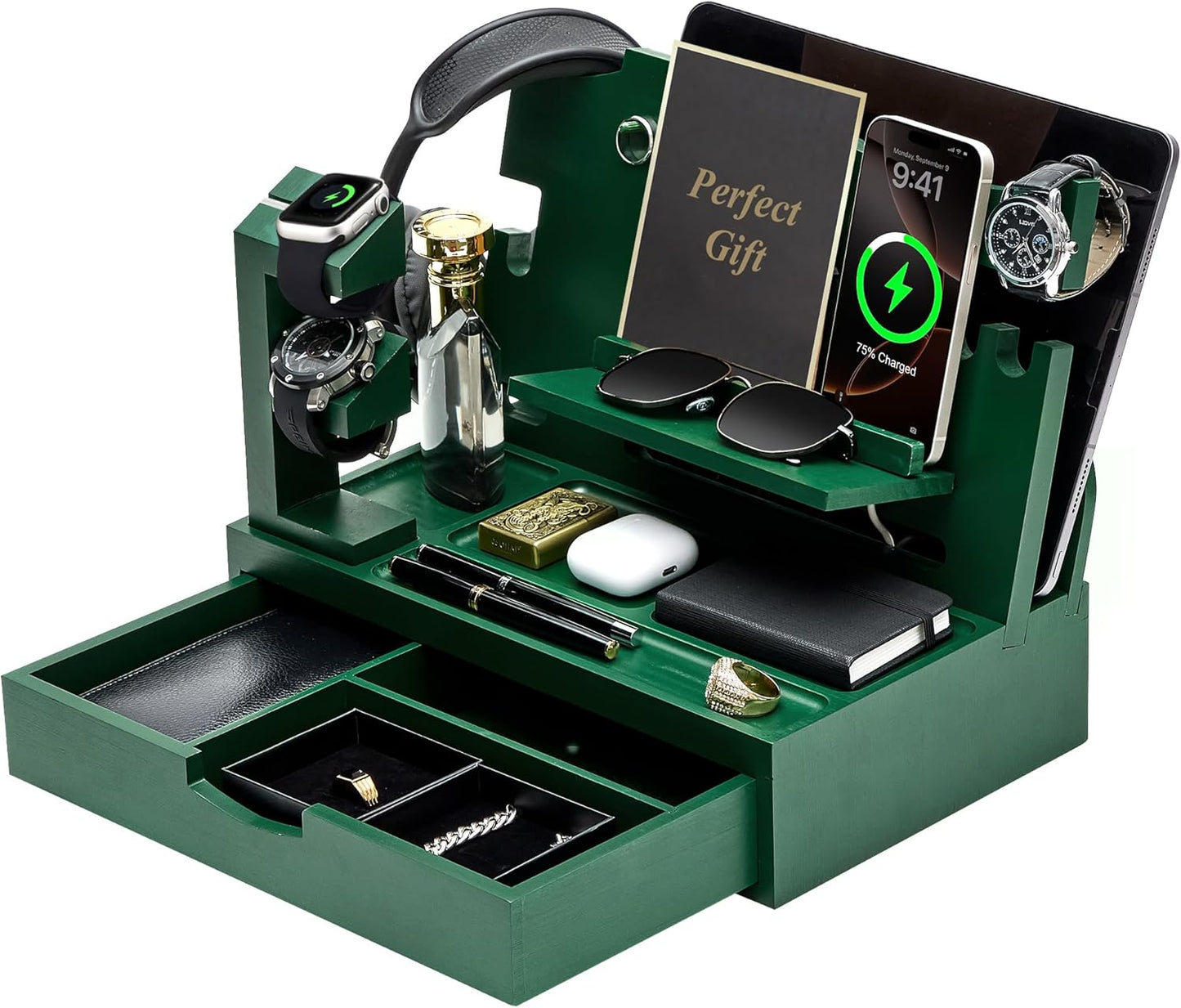 Nightstand Organizer for Men with Large Drawer and Phone Dock