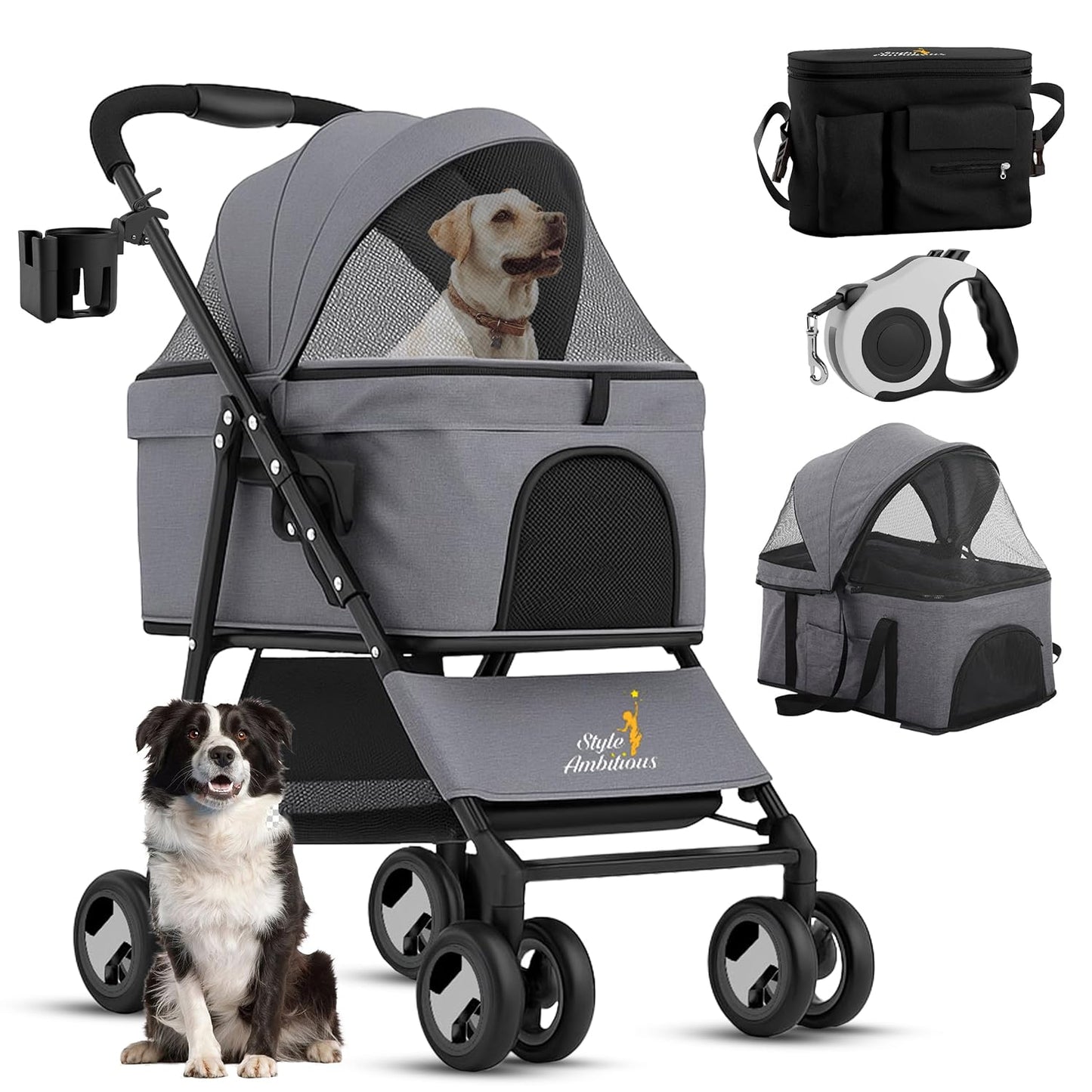 3 in 1 Pet Stroller - Foldable Dog Stroller & Carrier Grey
