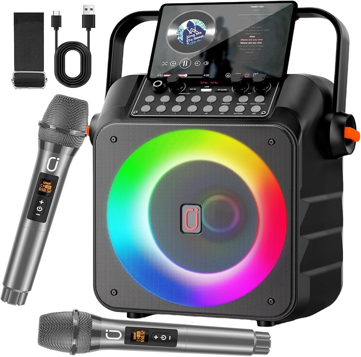 Portable Karaoke Machine with Wireless Mics & LED Lights