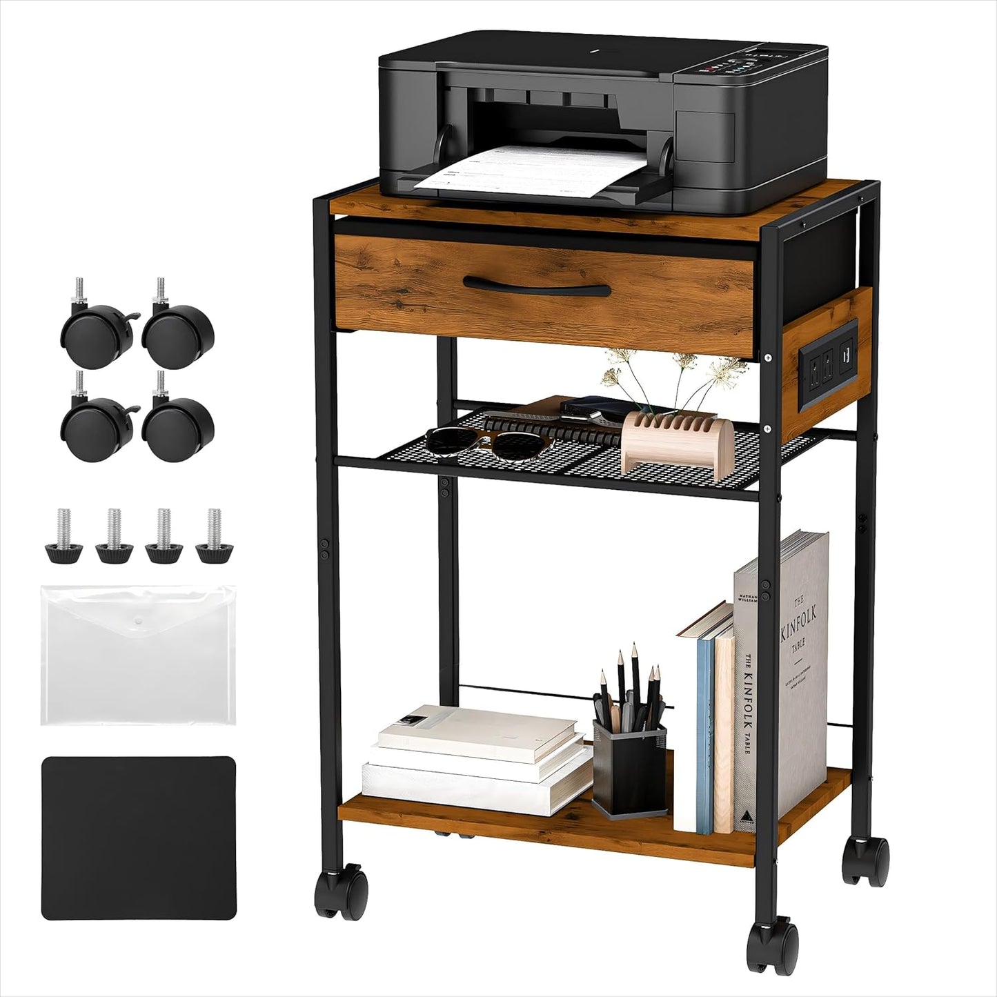 3-Tier Printer Stand with Charging Station for Home Office