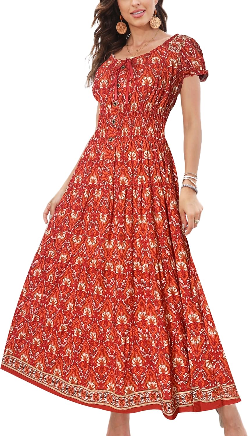 OSTOO Women's Boho Floral Print Maxi Dress for Summer Fun