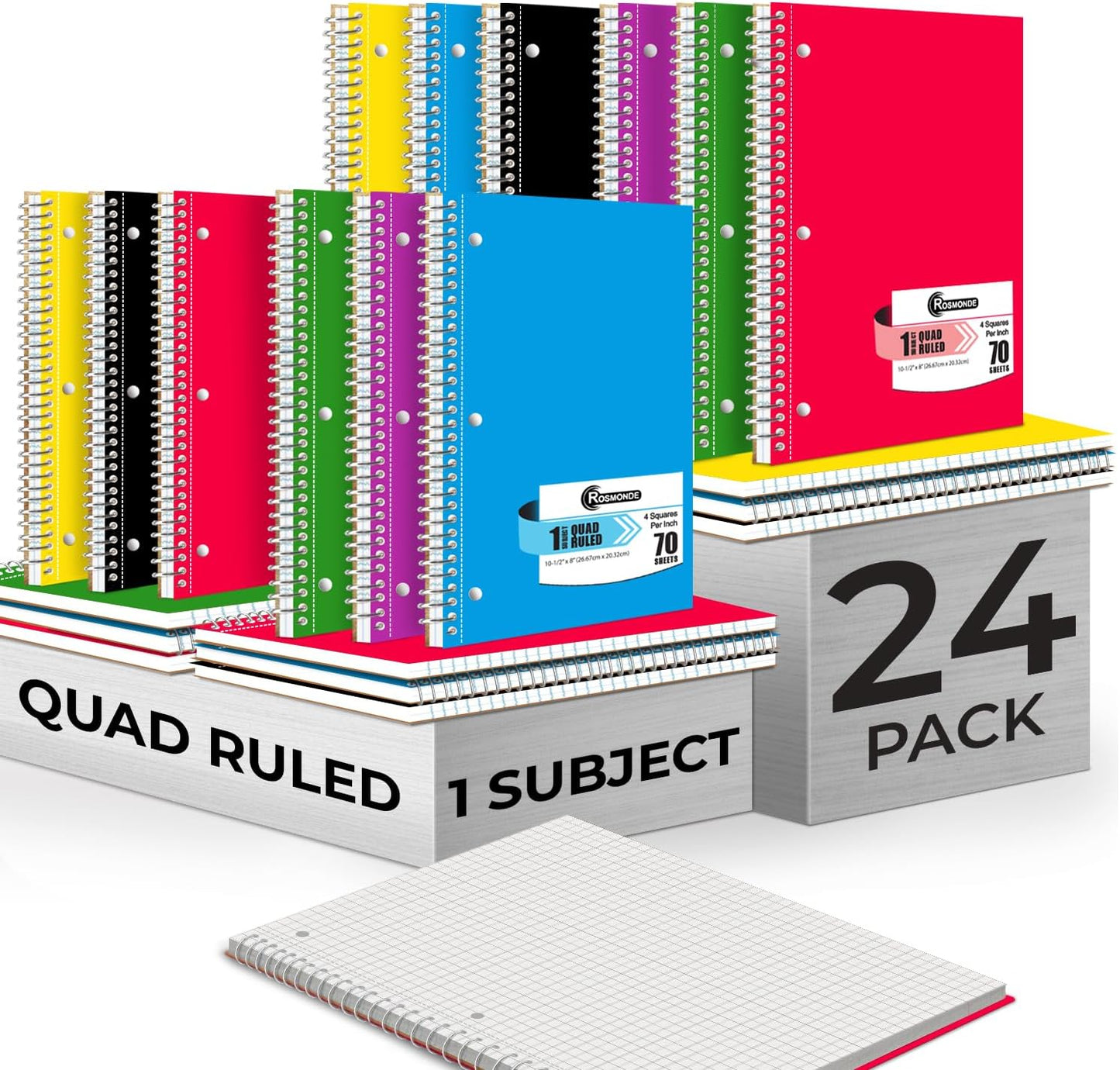 Rosmonde Grid Notebook Bulk Pack - 70 Sheets, Quad Ruled, 8x10.5, School Essential
