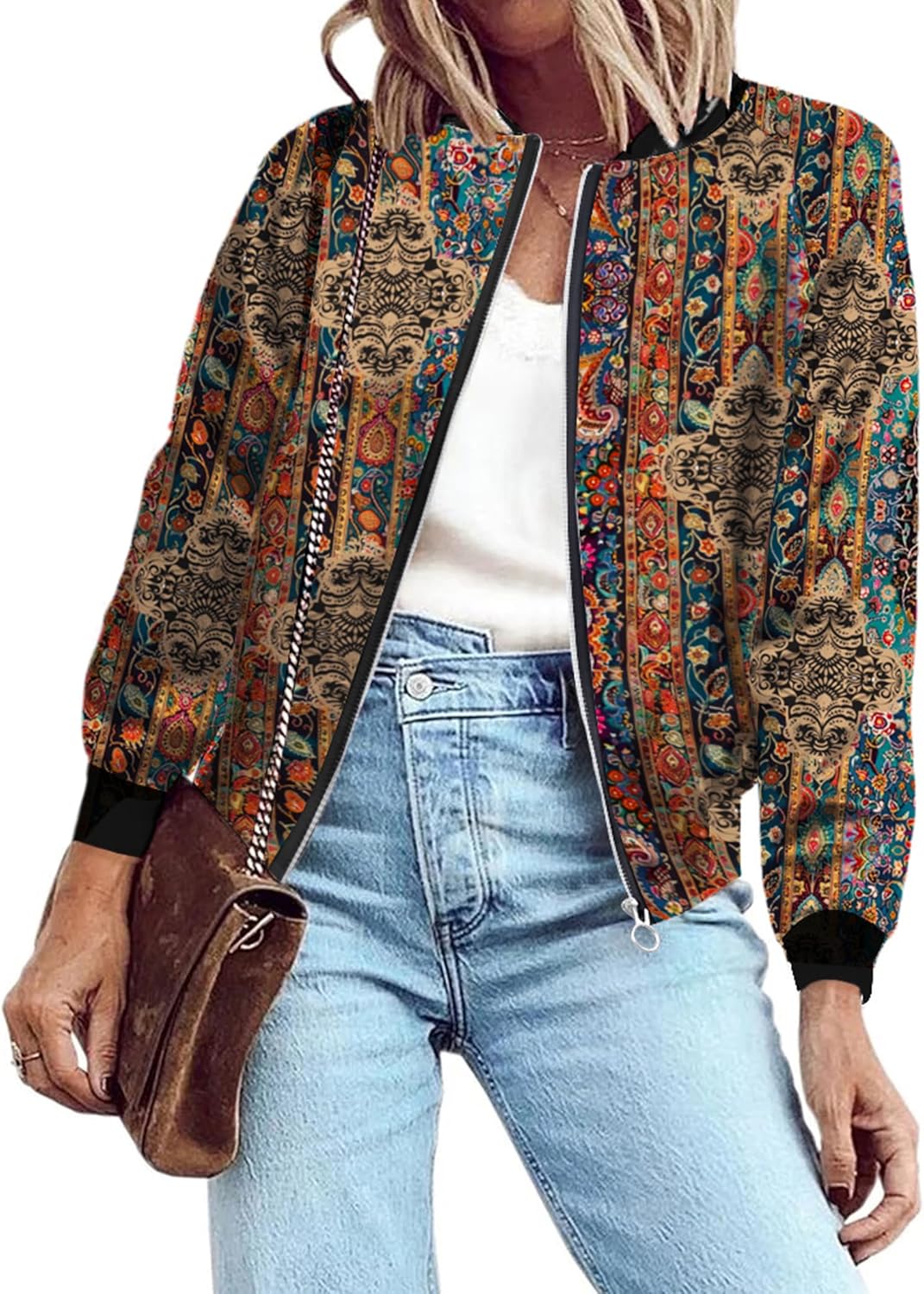 Lightweight Zip Up Bomber Jacket for Women with Pockets