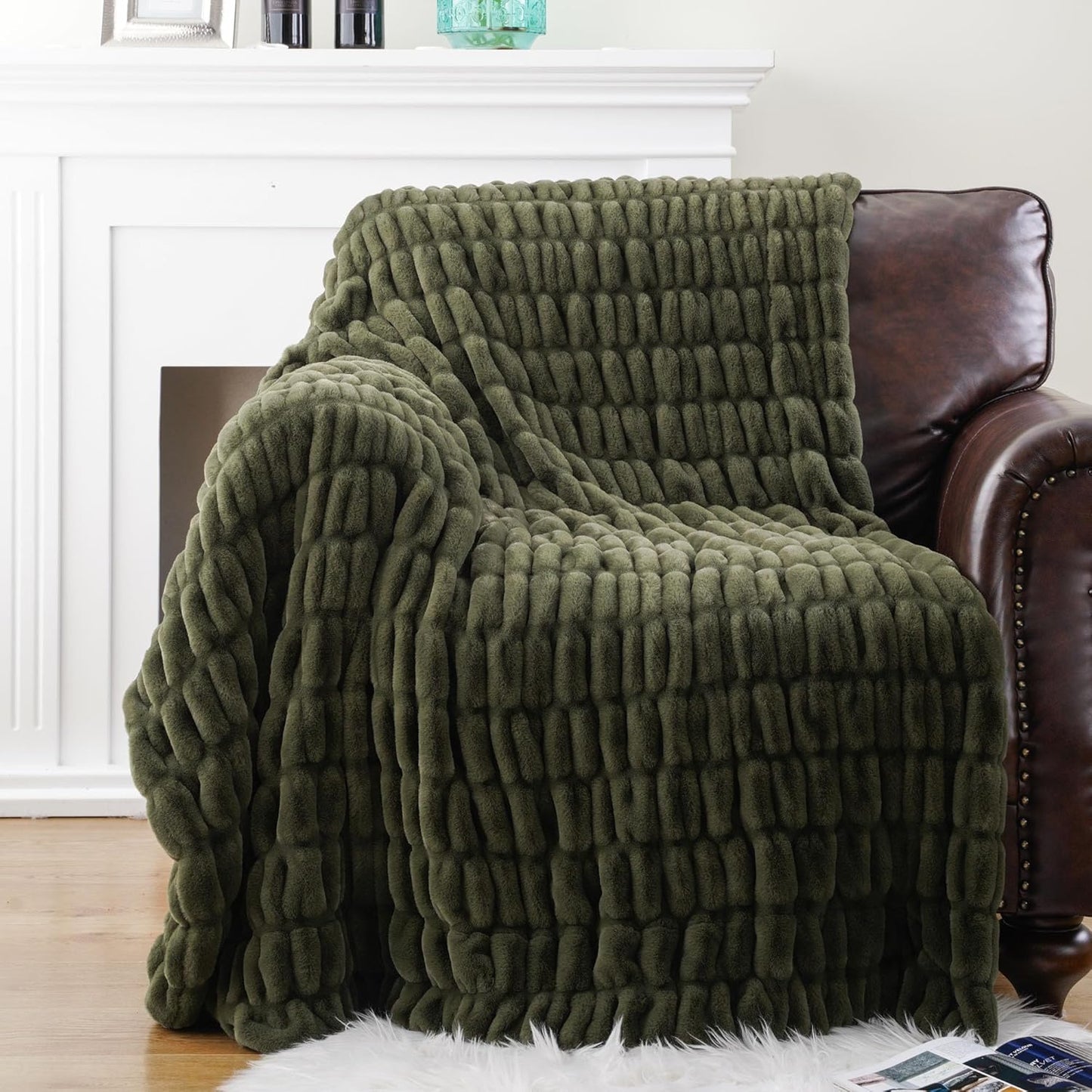 Olive Green Faux Fur Throw Blanket for Couch and Bed Use
