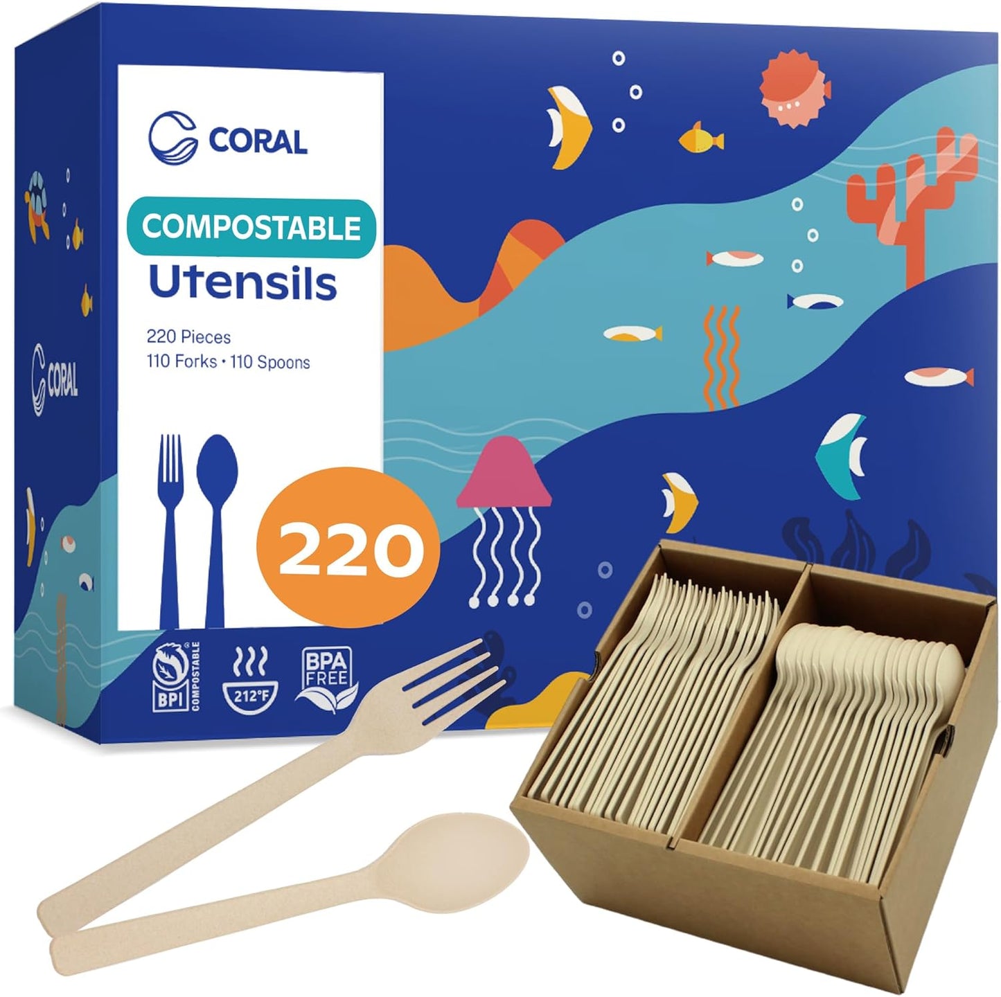 CORAL 100% Compostable Spoons & Forks Set - Eco-Friendly Dining