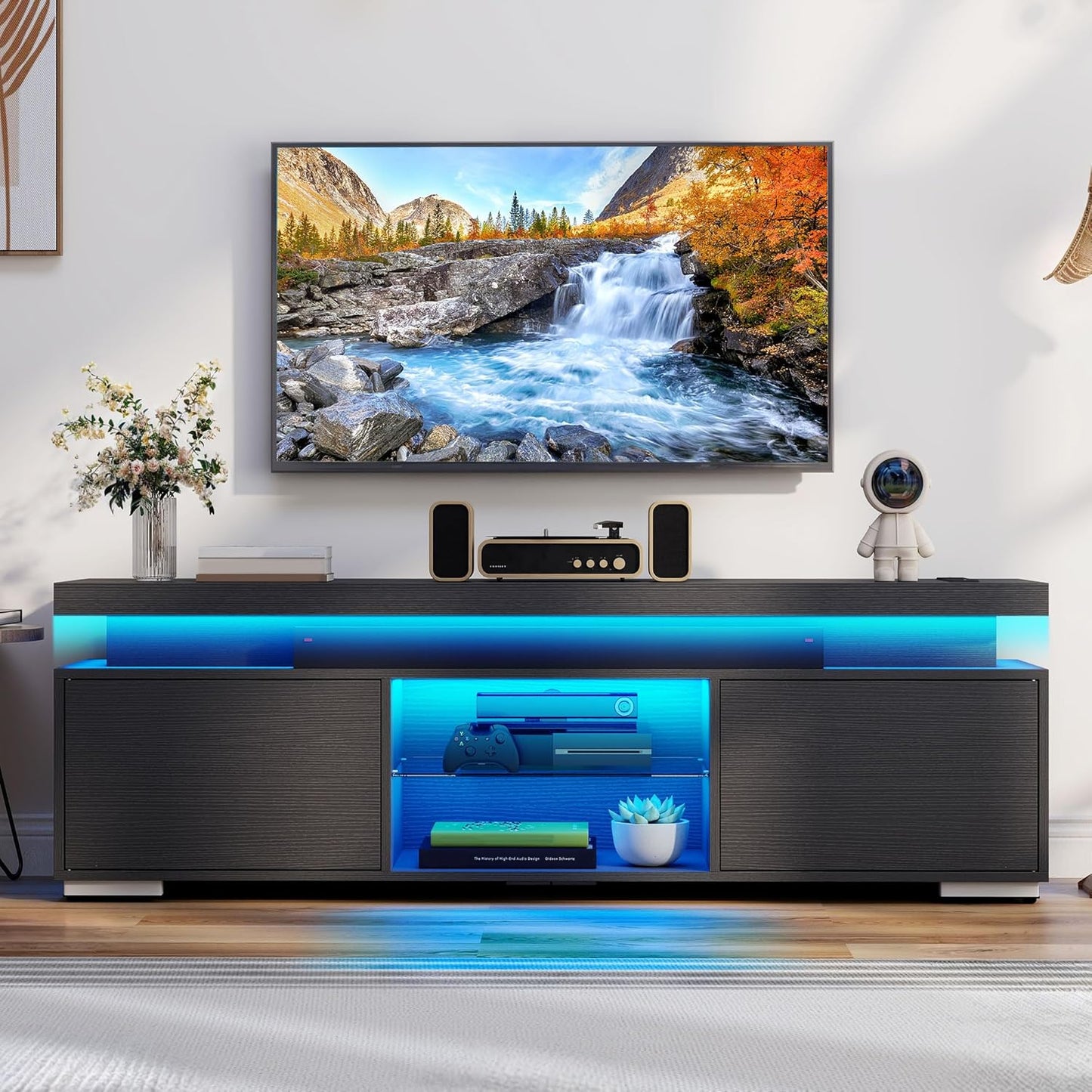 Modern Black TV Stand with LED Lights & Storage