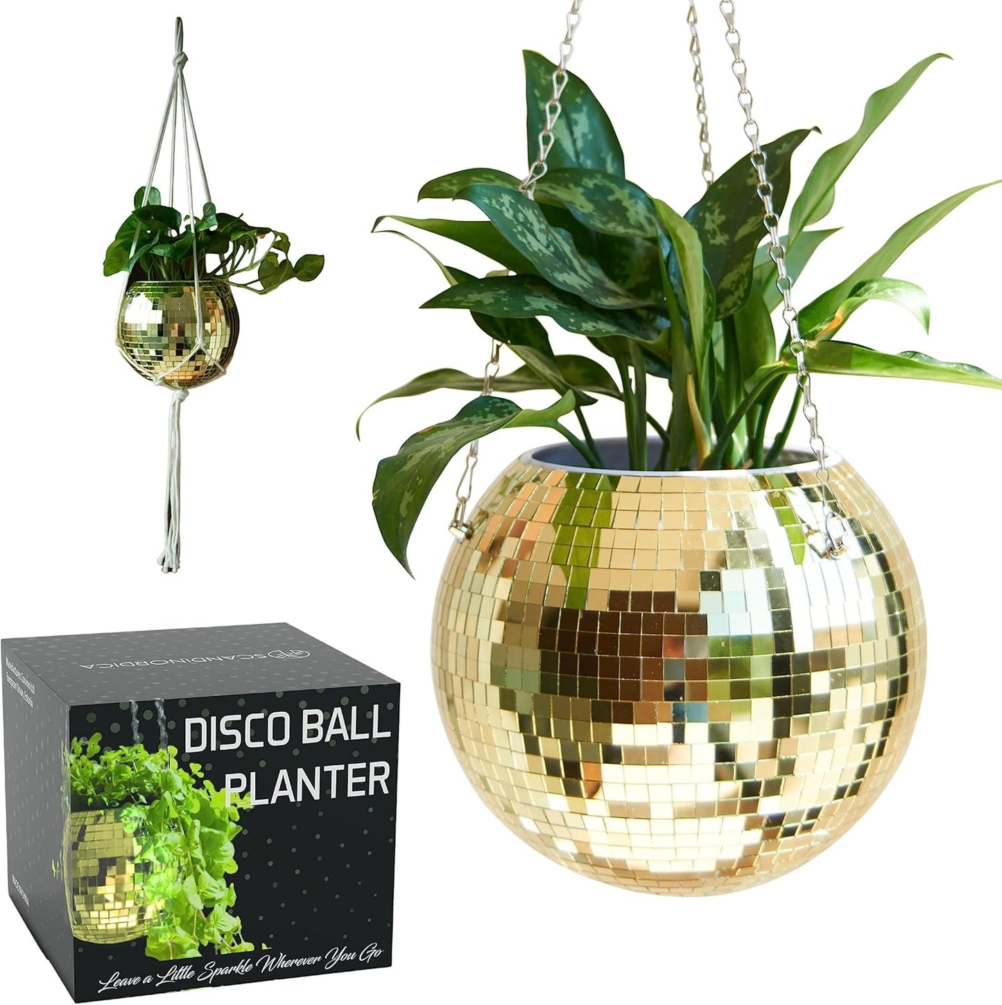 Disco Ball Planter with Chain and Macrame Hanger for Plants