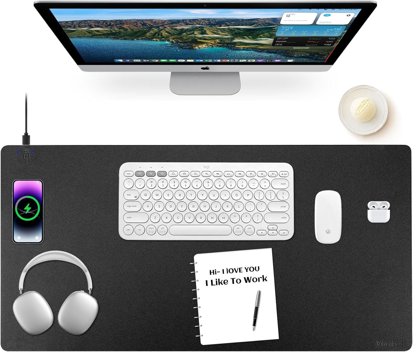 Wireless Charging Mouse Pad with Leather Surface and Non-Slip Base