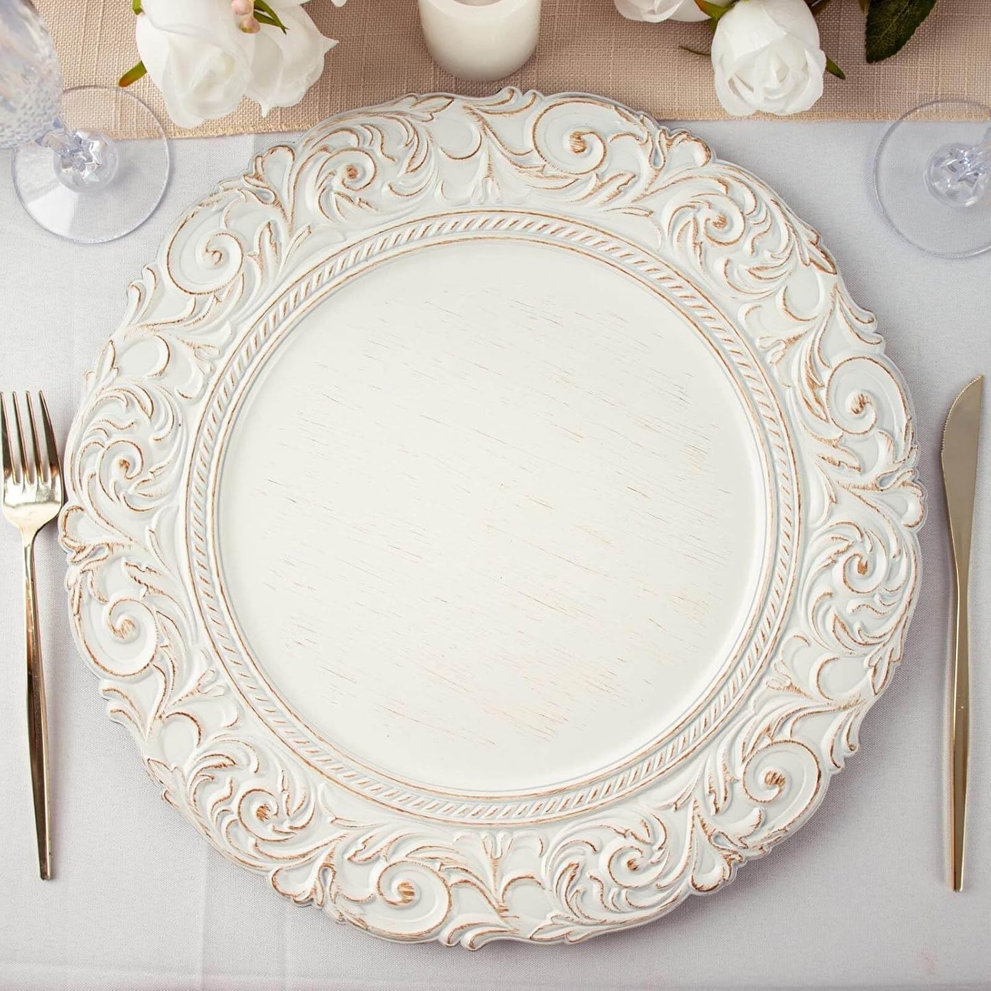 Set of 6 Elegant 14 Charger Plates - White/Gold Baroque Design