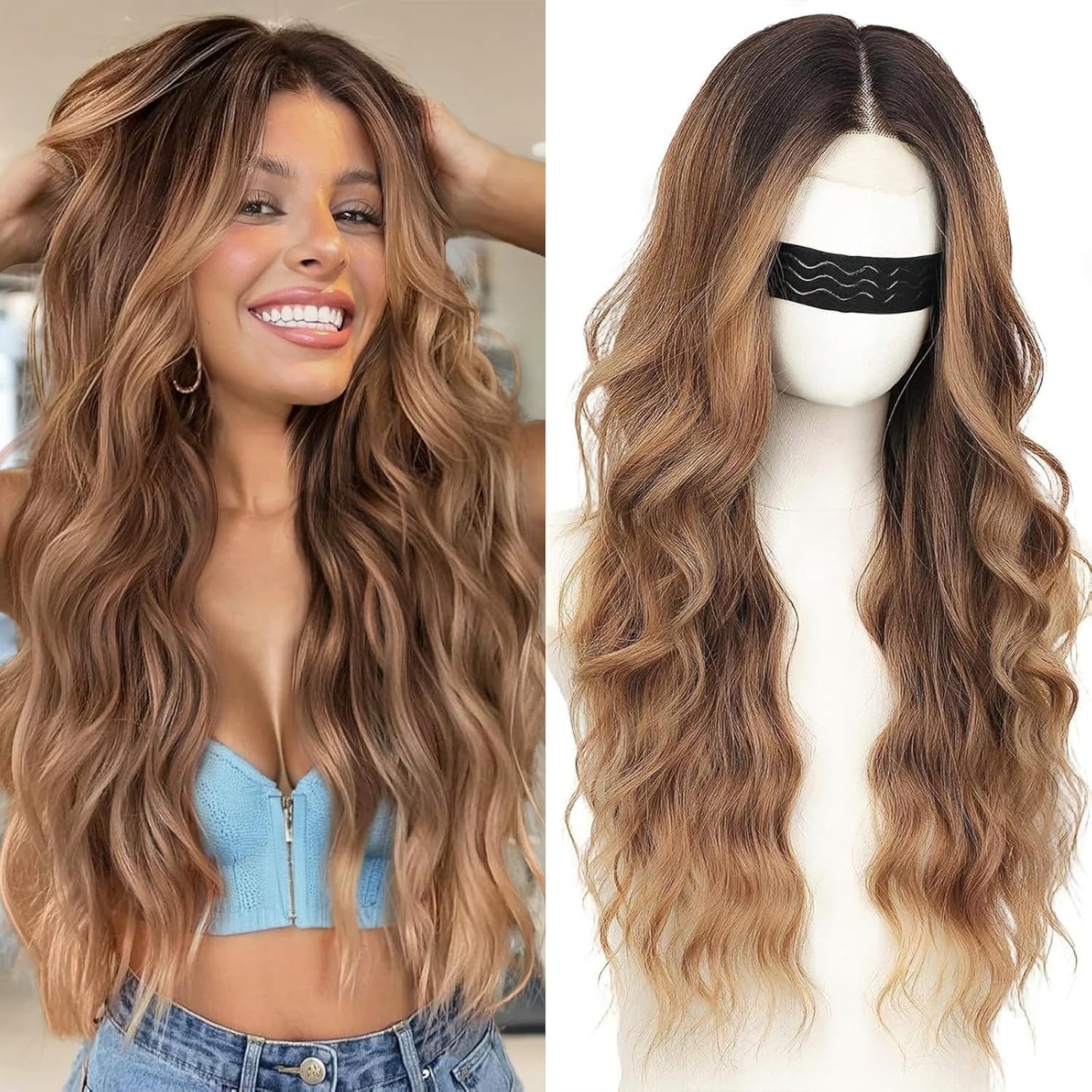 Nnzes Long Brown Mixed Blonde Wavy Wig for Elegant Styles