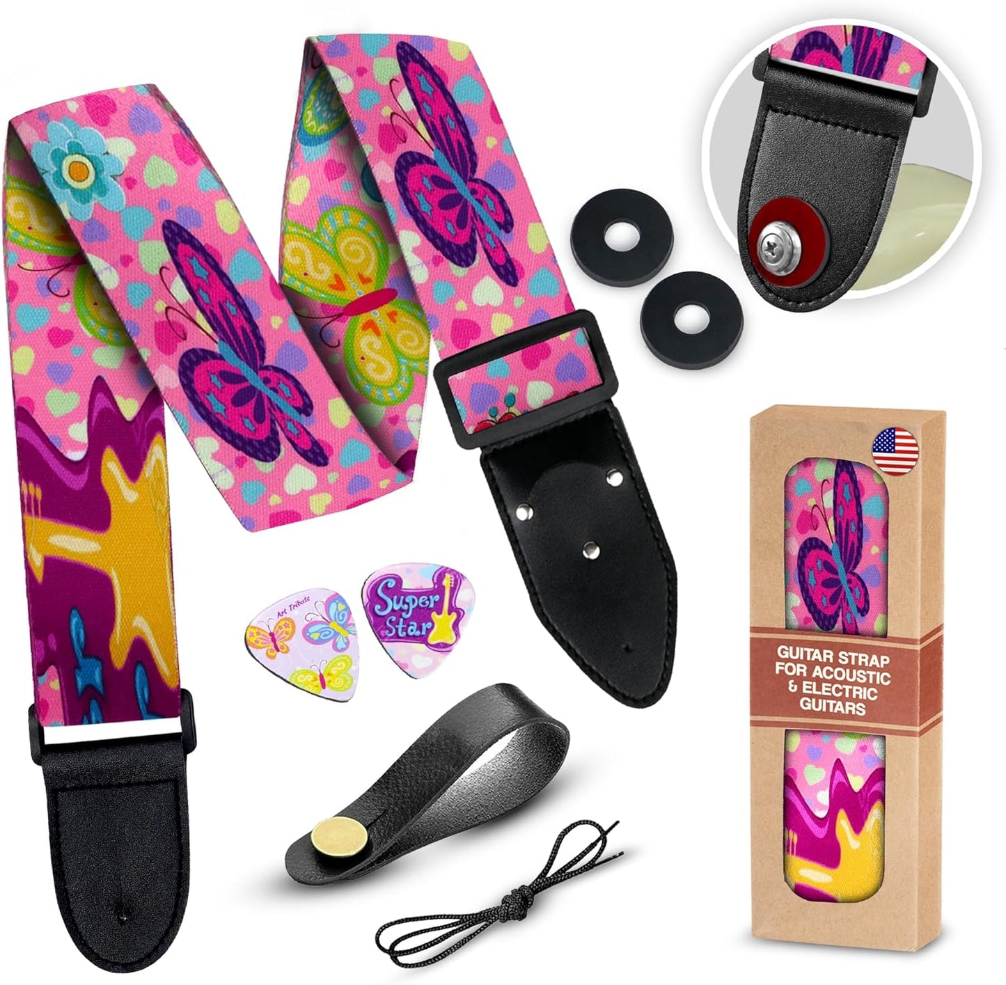 Pink Woven Guitar Strap Set + Bonus Gifts