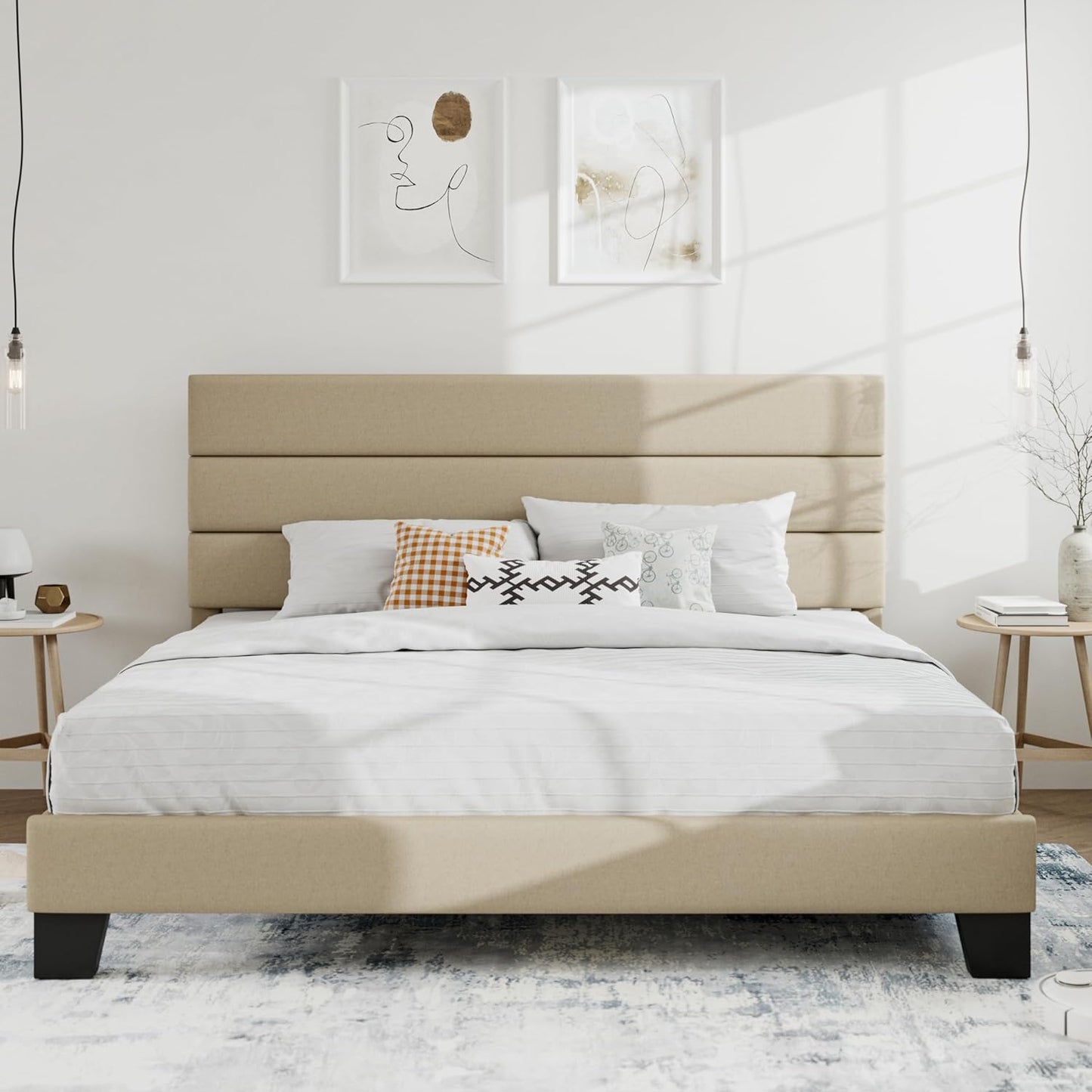 SHA CERLIN King Platform Bed Frame with Upholstered Headboard