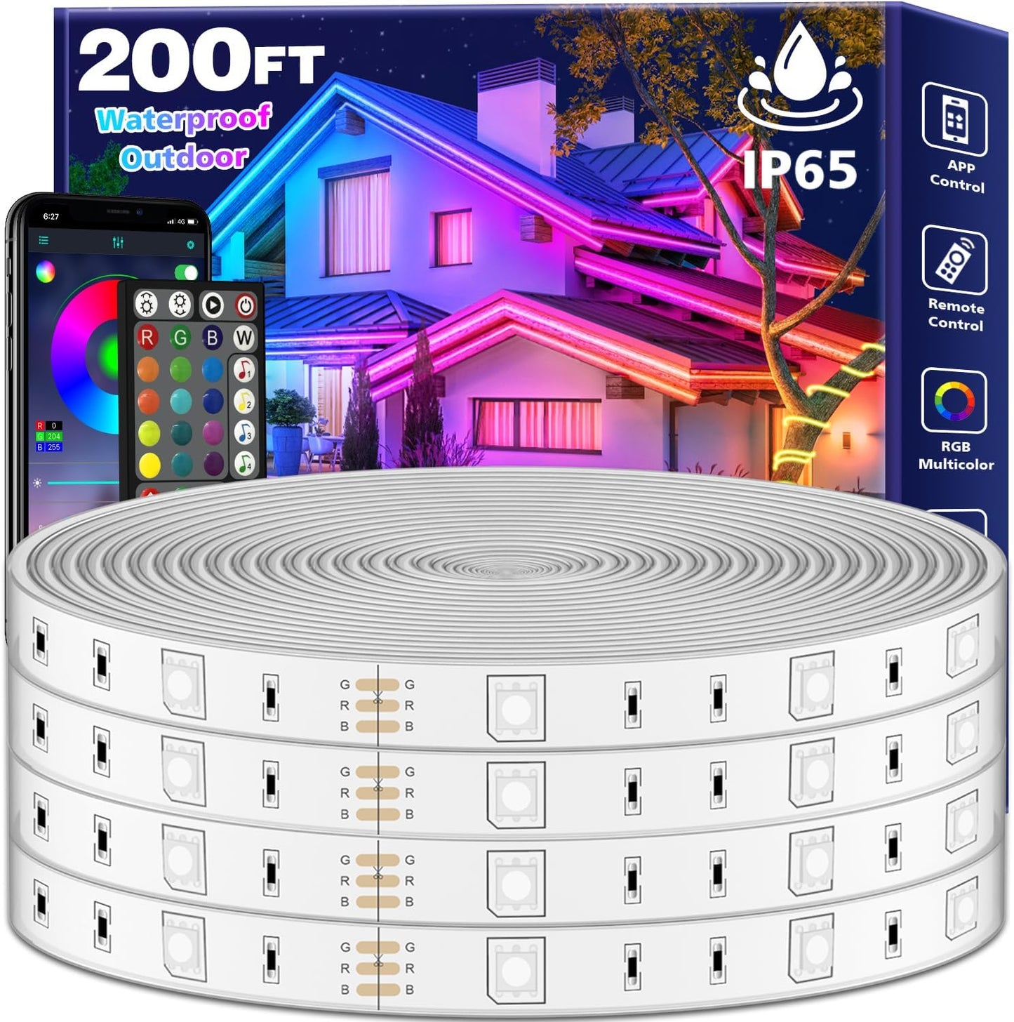 200Ft Outdoor Waterproof LED Strip Lights with Smart Control