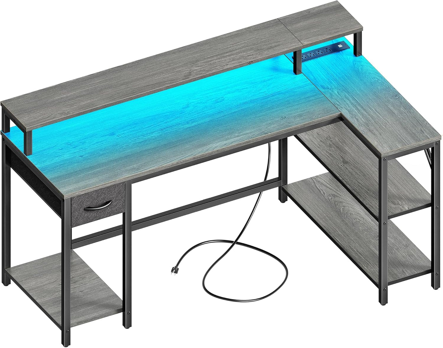 Reversible L Shaped Desk with LED Lights & Power Outlets