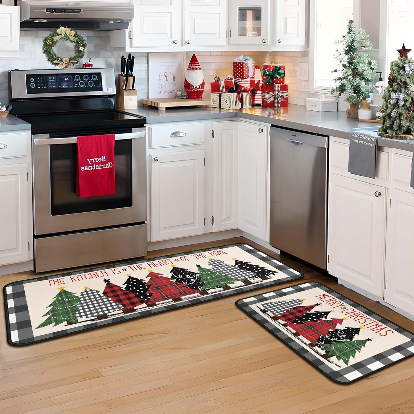 Buffalo Plaid Xmas Trees Kitchen Rugs Set for Holiday Decor