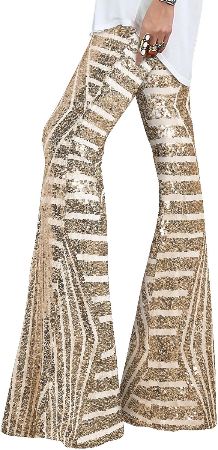 EVALESS Women Sequin Pants Sparkly Glitter High Waisted Trousers