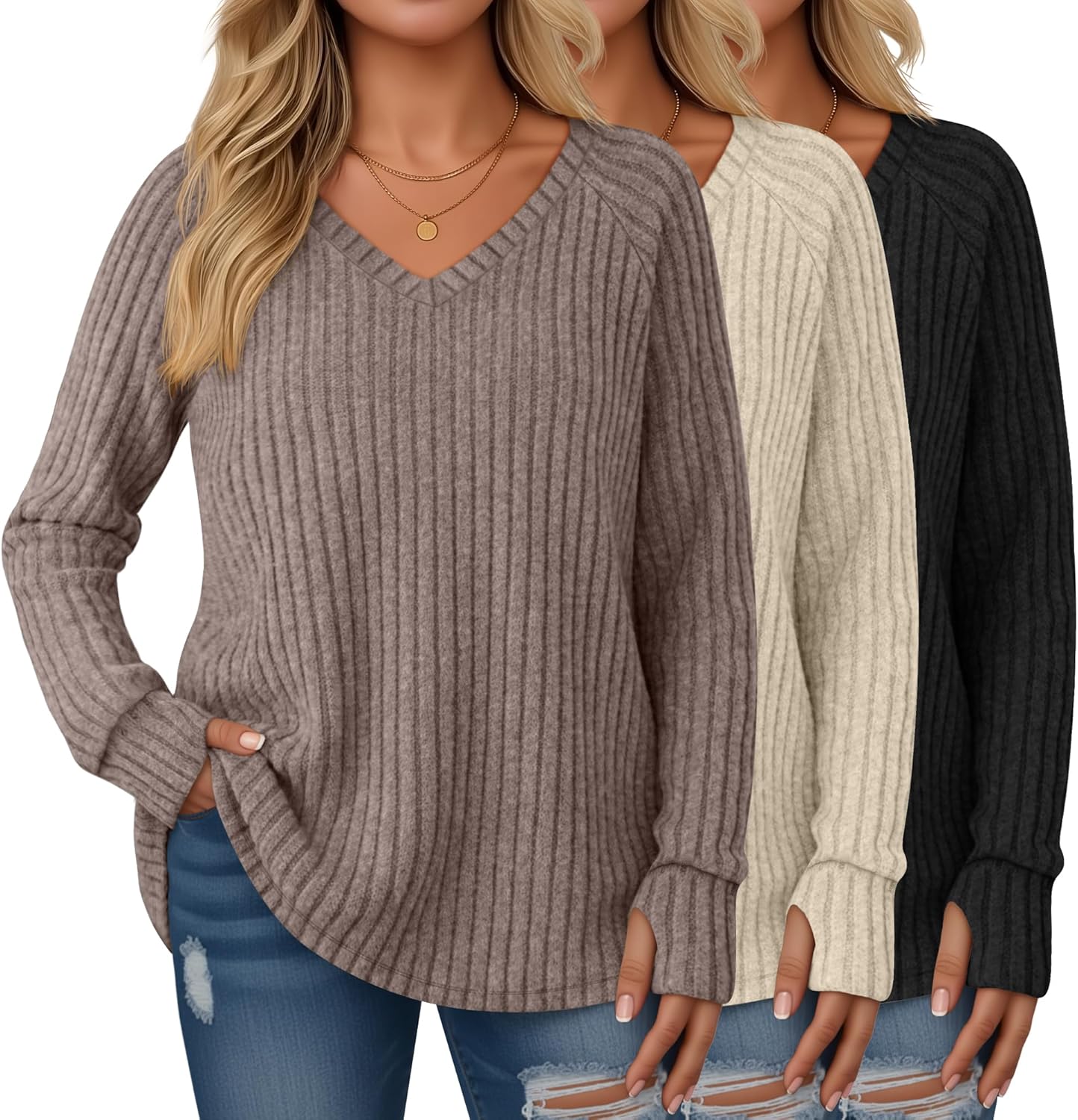 3 Pack Women's Plus Size Sweaters with Thumb Holes for Fall