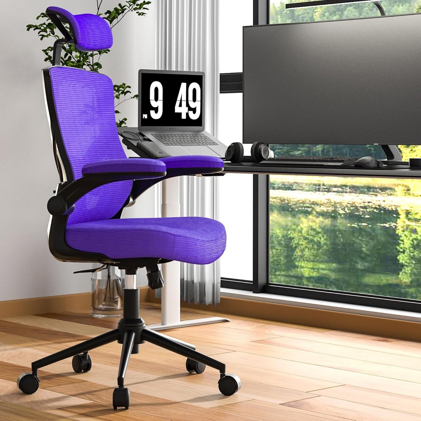 CYKOV Ergonomic High-Back Office Chair - Lumbar Support & Headrest, Flip-Up Arms, Swivel (Blue Violet)