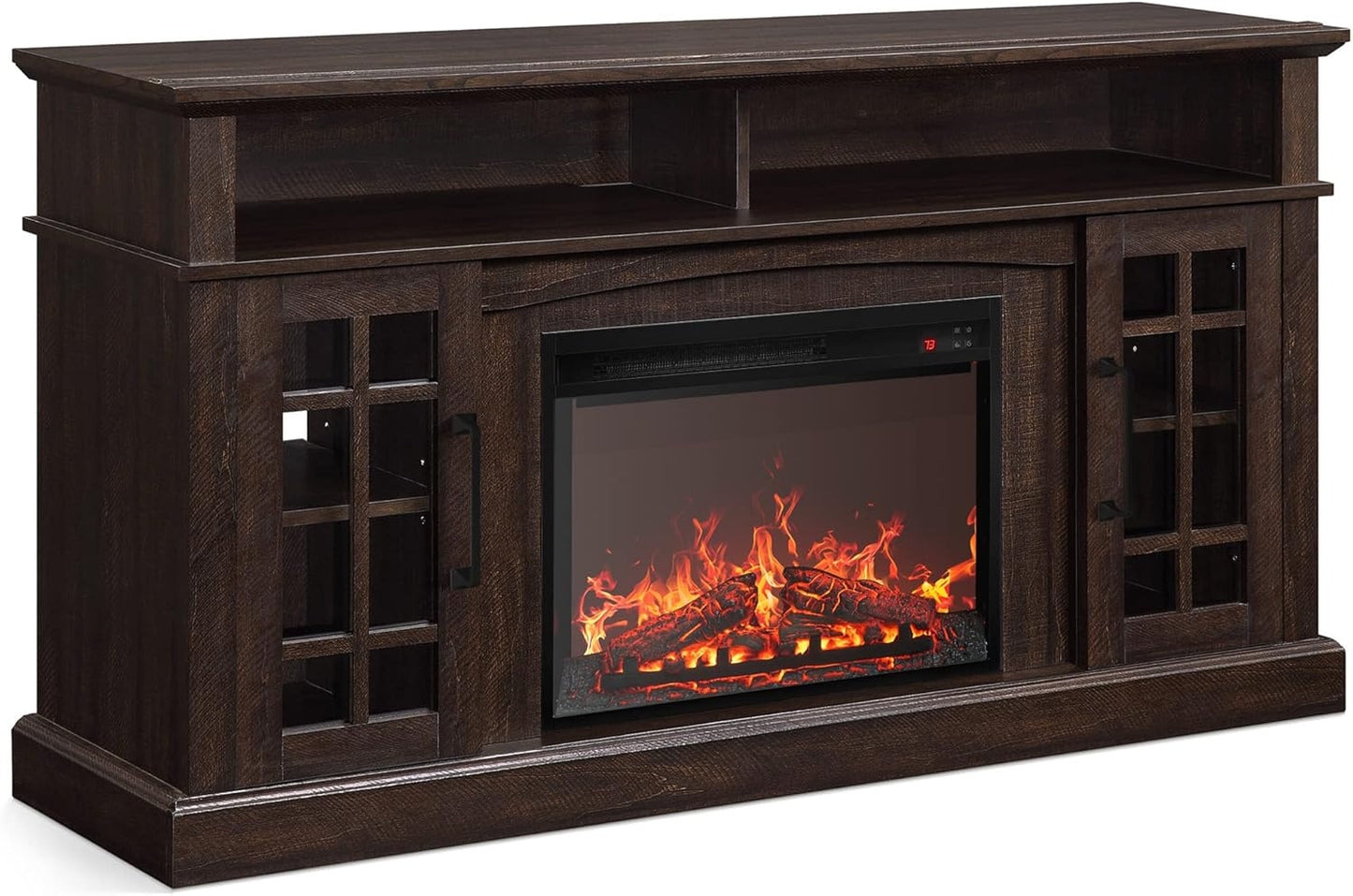 BELLEZE 58 Rustic TV Stand with Electric Fireplace - Warmth & Storage Combo!