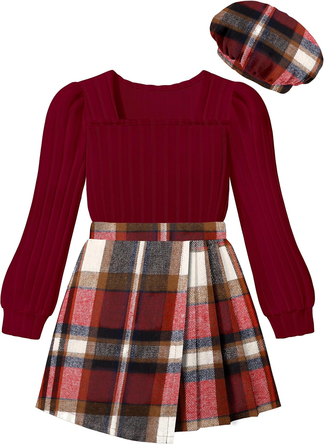NECIOUS Girls Skirt Set with Puff Sleeve Shirt and Beret