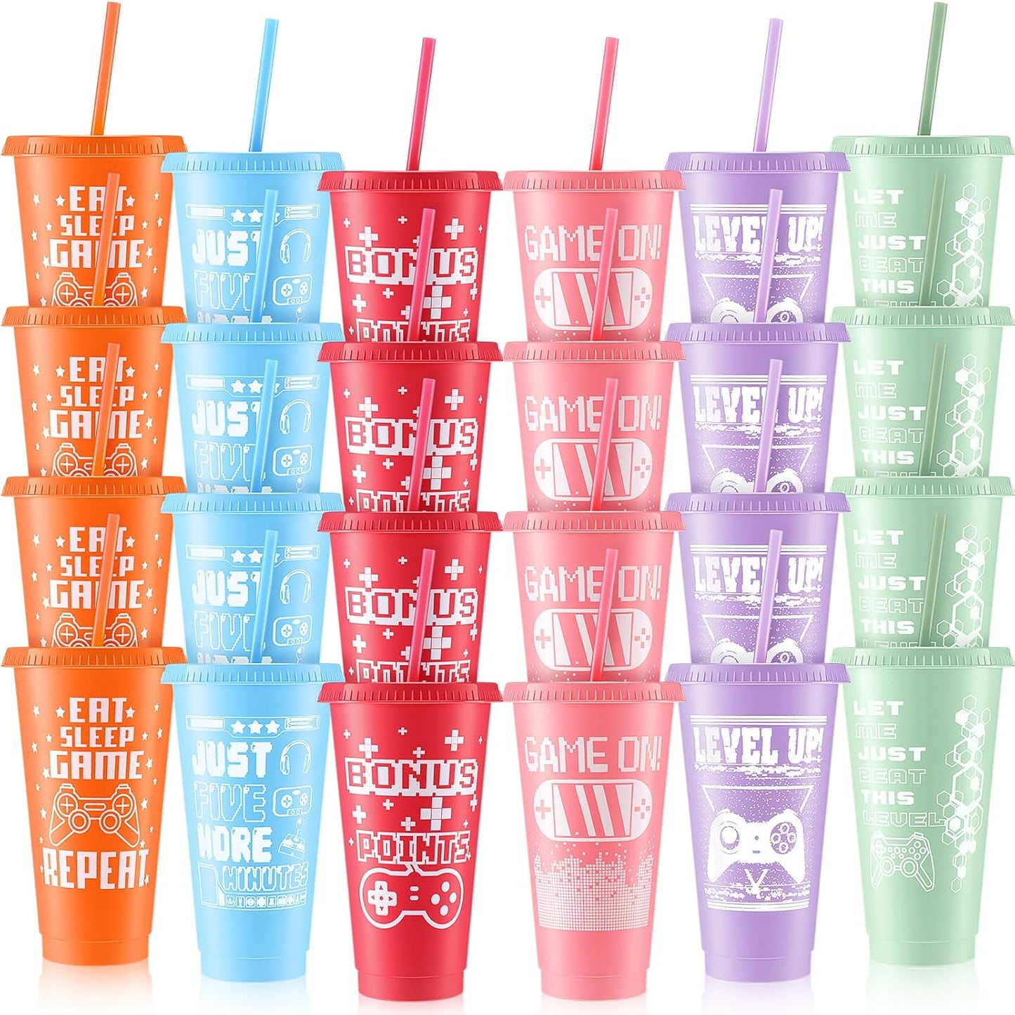 Mifoci Video Game Plastic Cups with Lids and Straws for Parties